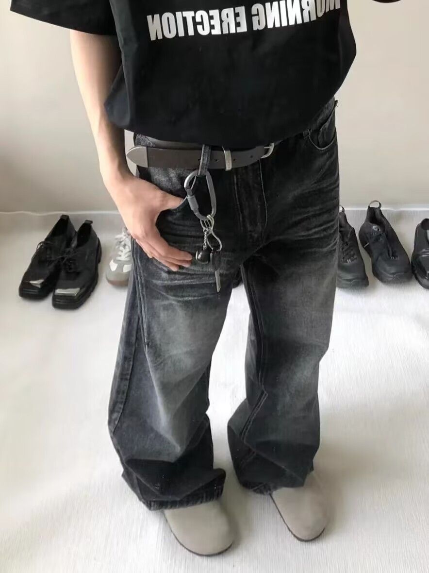 Retro washed black distressed whiskered jeans