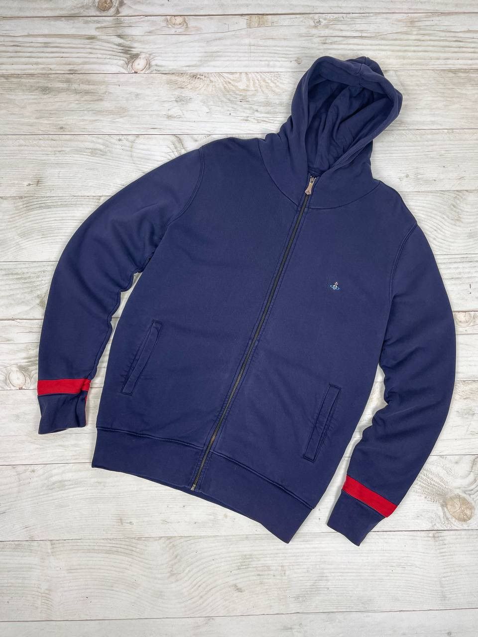 image of Vintage Vivienne Westwood Hoodie Mini Logo Full Zip Y2K in Blue, Men's (Size XL)