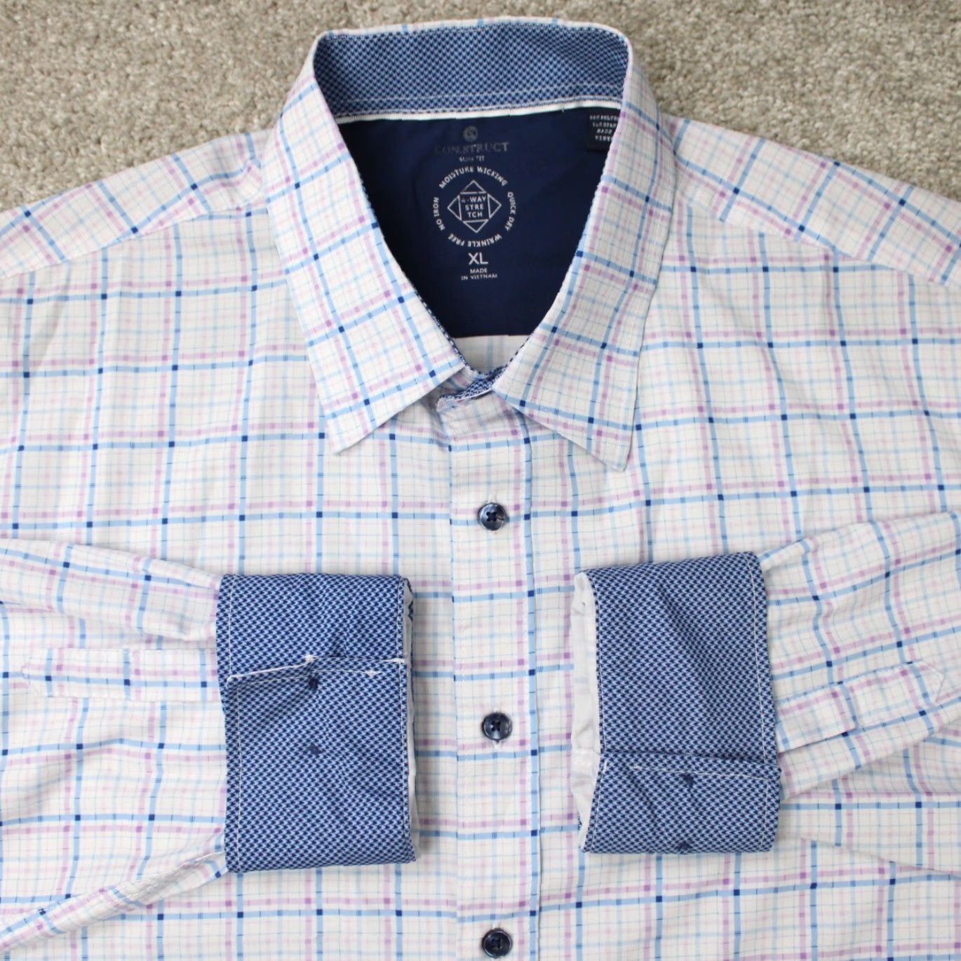Vintage Construct Shirt Mens XL White/Blue Slim Fit Button-Up Wrinkle Free No Iron L/S Check 90s Casual Formal Workwear Mens Size US XL / EU 56 / 4 - 2 Thumbnail