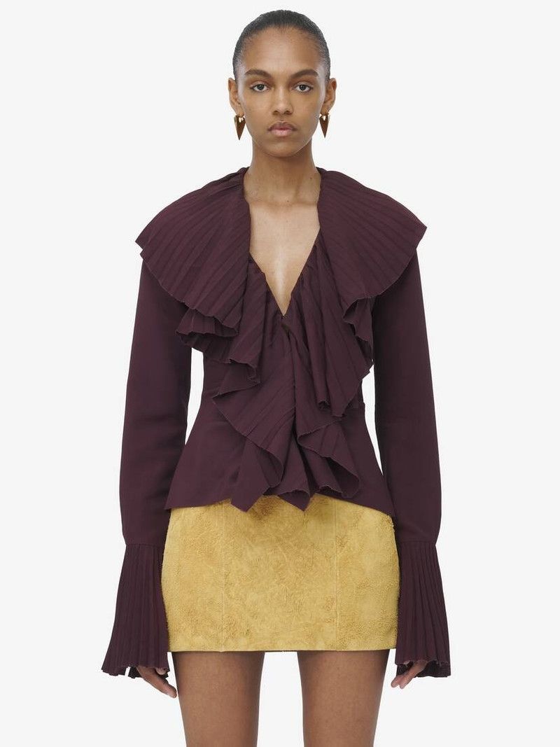 Alexander McQueen o1srvl11e0226 Plissé Blouse In Burgundy Size XL / US 12-14 / IT 48-50 - 1 Thumbnail