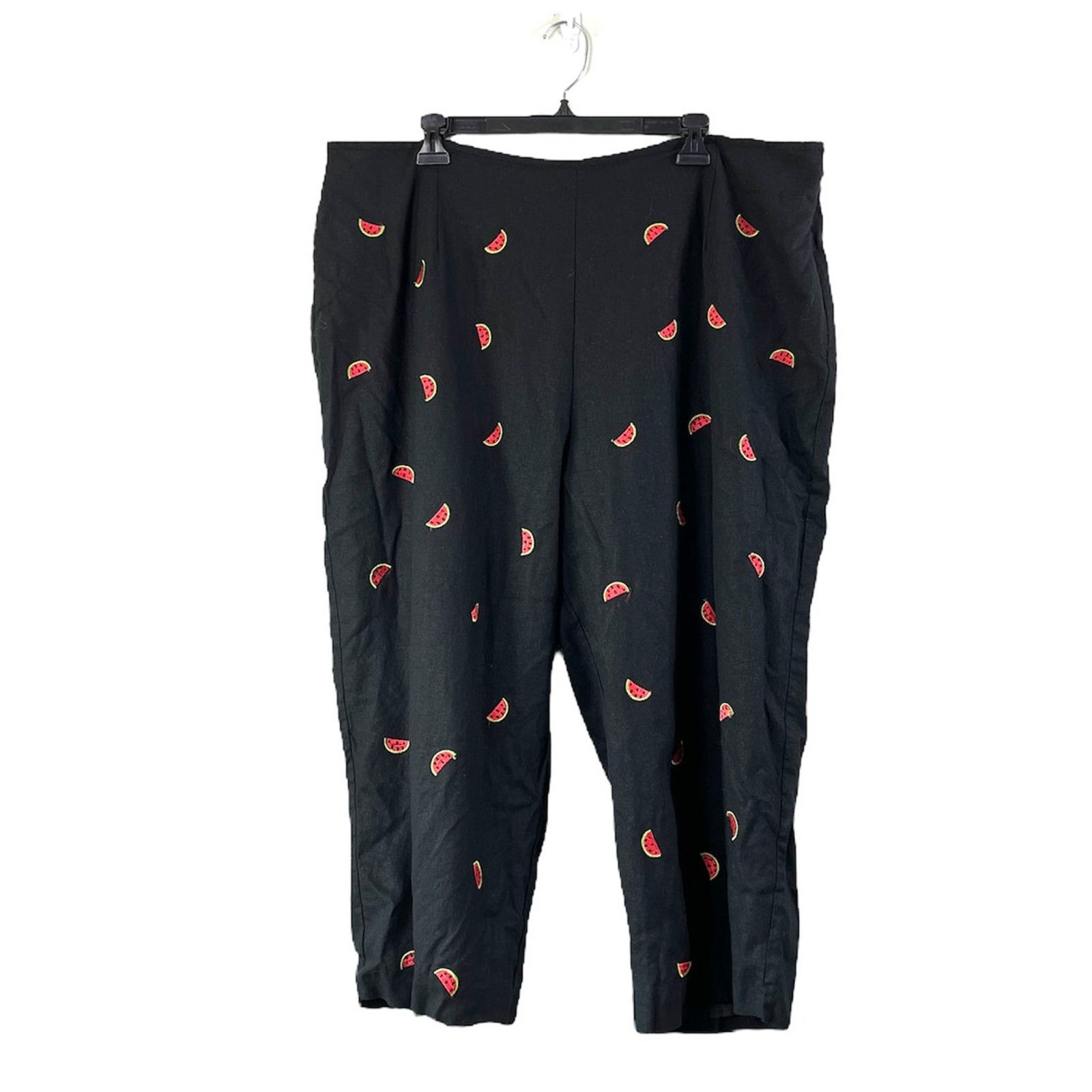 Vintage Black Linen Embroidered Watermelon Nicole Studio Slacks 24 Size 40" / US 18 - 1 Thumbnail