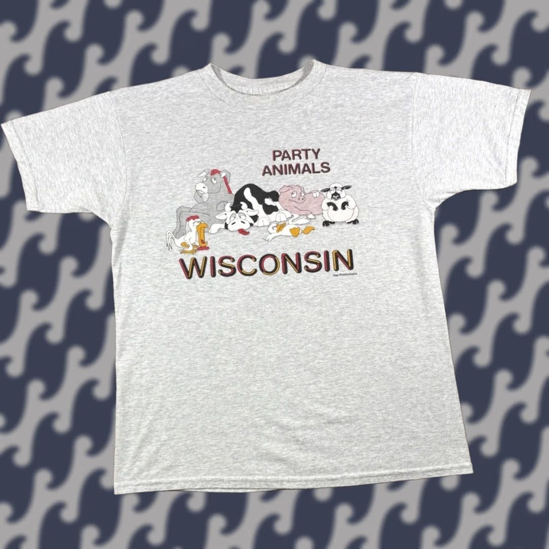 Fruit Of The Loom VINTAGE Wisconsin Graphic Short Sleeve Shirt Large Funny Party Animals LOGO Tee Shirt Size US L / EU 52-54 / 3 - 1 Thumbnail