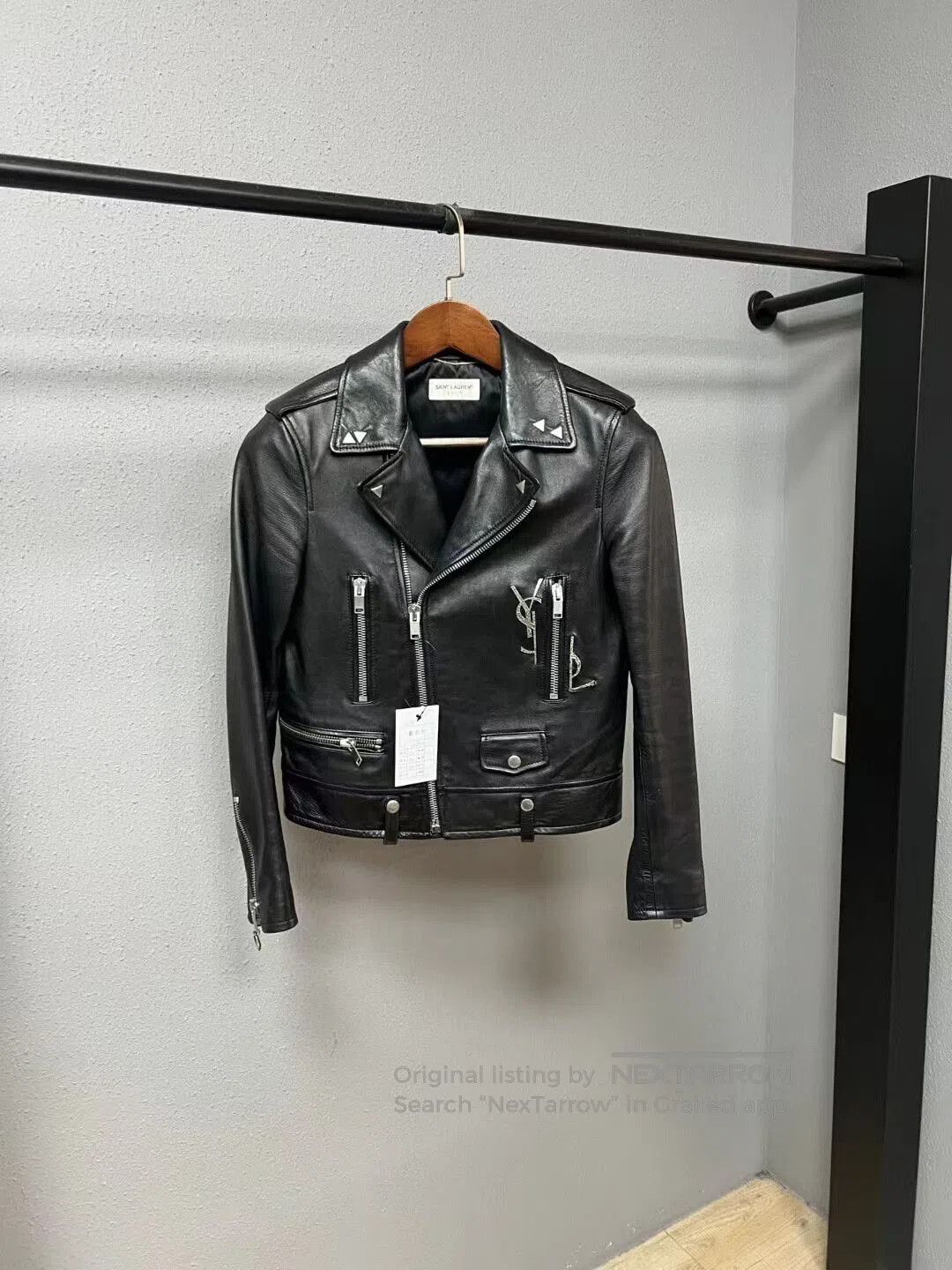 Yves Saint Laurent black leather jacket with logo. Size L / US 10 / IT 46 - 1 Thumbnail