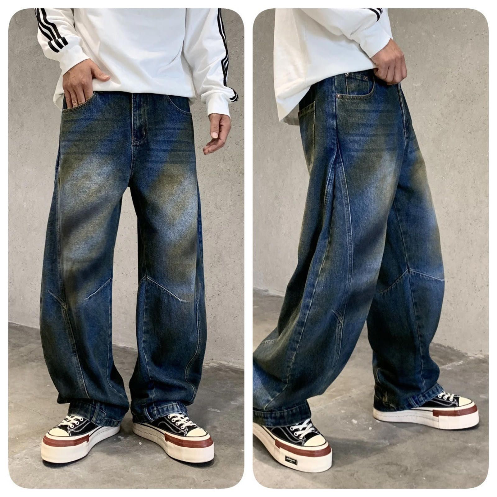 Japanese Brand Distressed Blue and Brown Wide Leg Denim Jeans, Baggy Fit Size US 28 / EU 44 - 3 Thumbnail