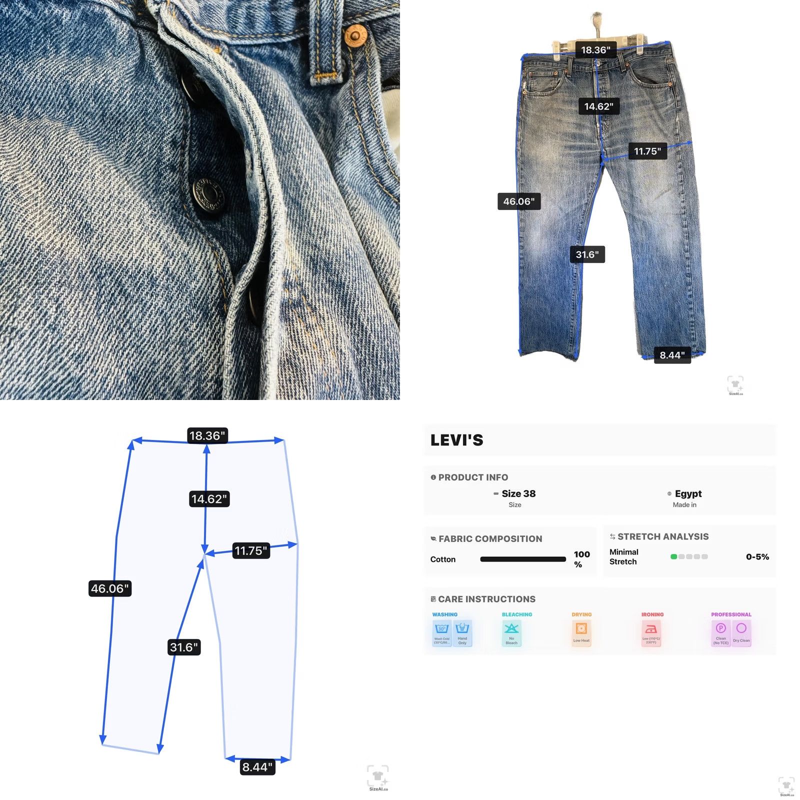 Levi's Levis 501 Jeans Mens 38x32 Blue Light Wash Straight Denim Button Fly Regular Fit Jeans Size US 38 / EU 54 - 9 Thumbnail