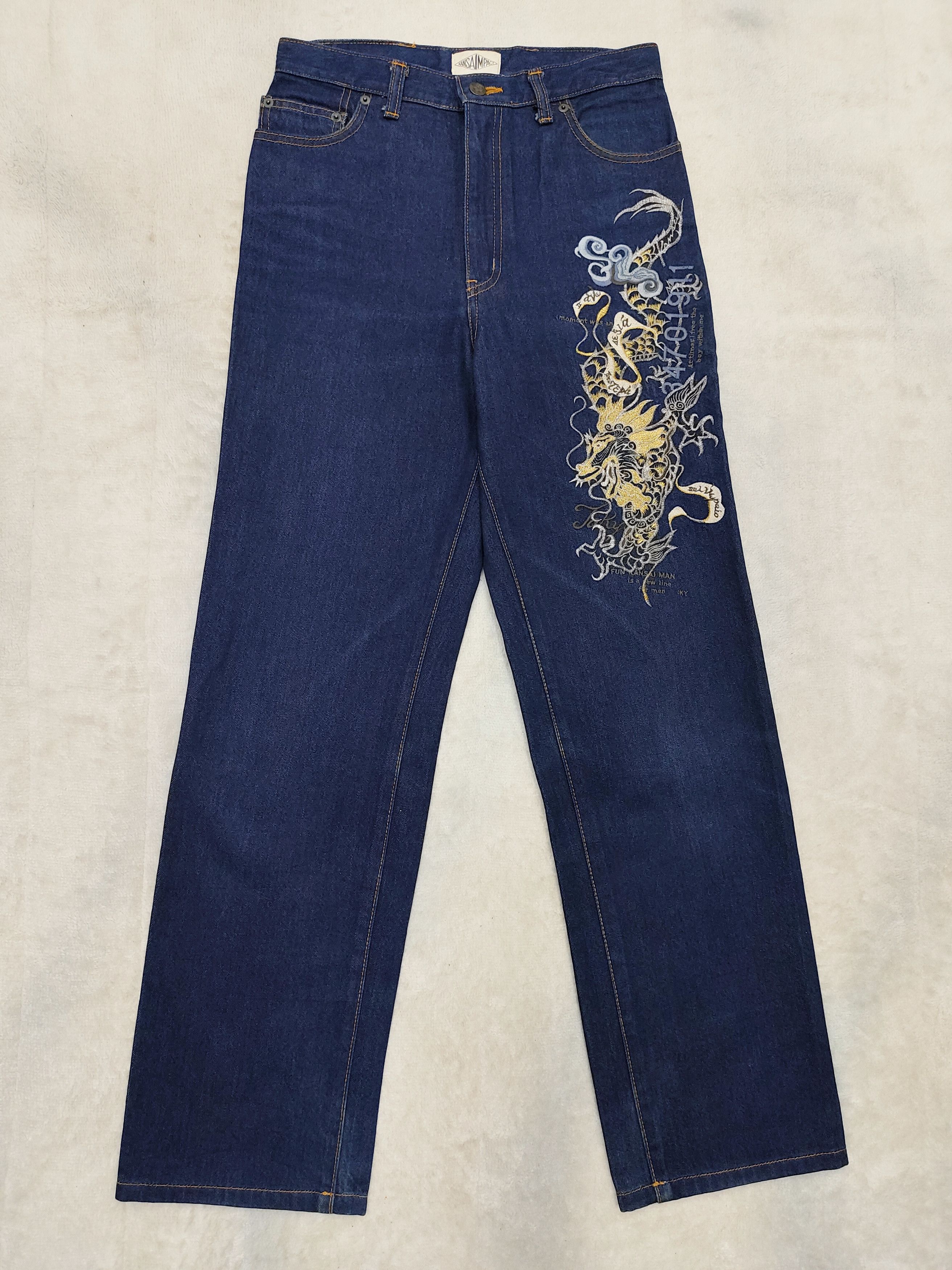 Kansai Yamamoto 90s Kansai Impact- Archive Gold Dragon Embrodiered Art Jeans Size US 29 - 3 Thumbnail