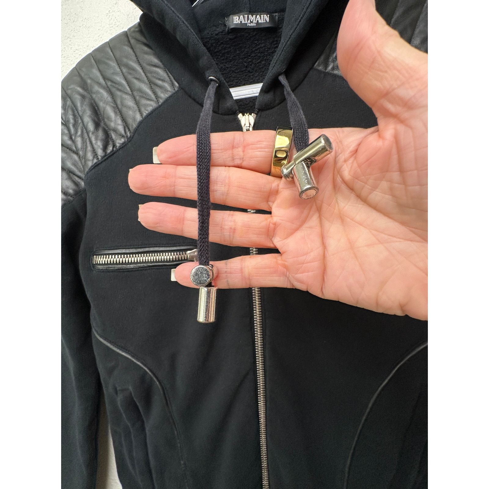Balmain Balmain Black Moto Hoodie Leather-Shoulder Zip Sweatshirt M Size US M / EU 48-50 / 2 - 4 Thumbnail