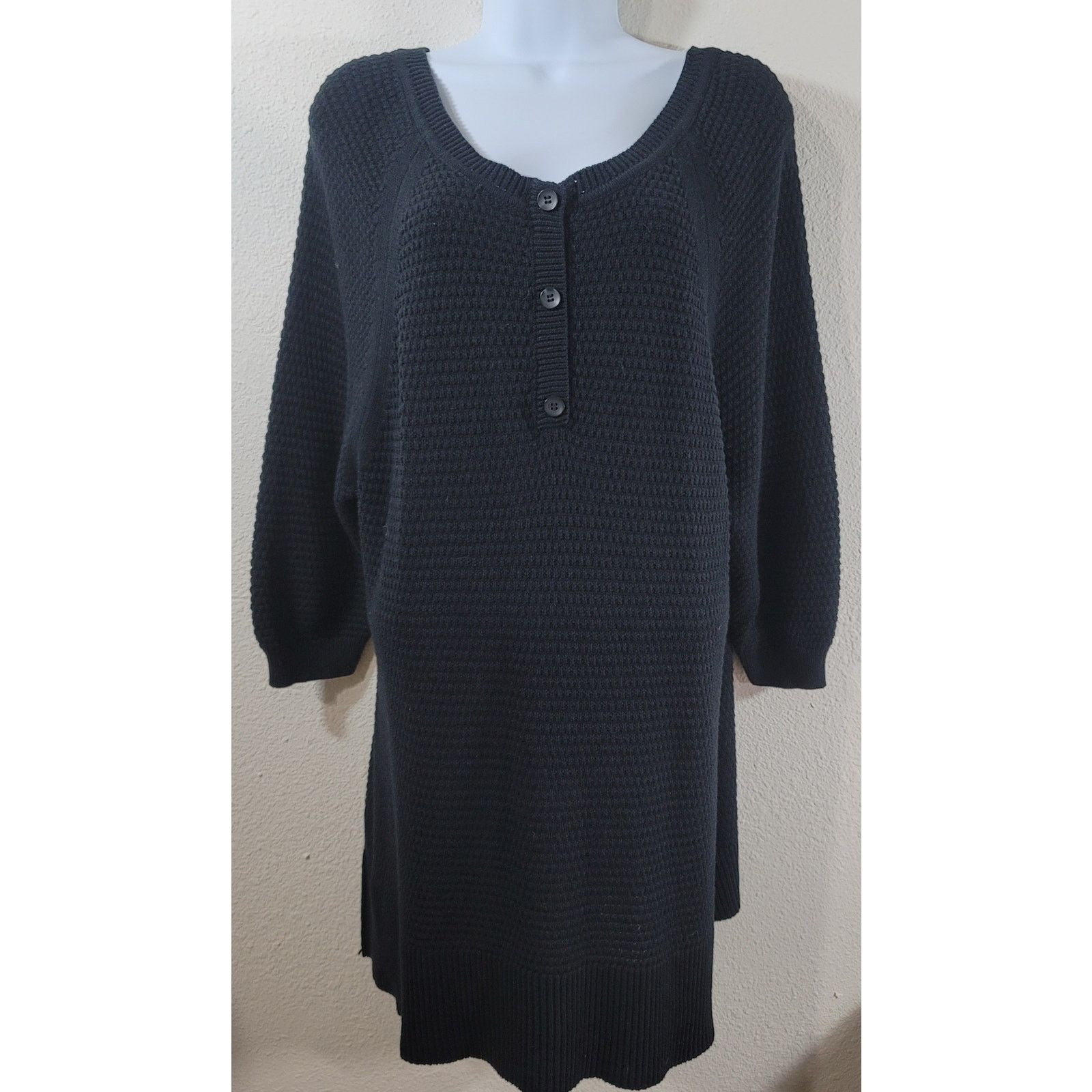 Other Black Waffle Knit V Neck 3 Button Henley Sweater XL Soft Size XL / US 12-14 / IT 48-50 - 1 Thumbnail