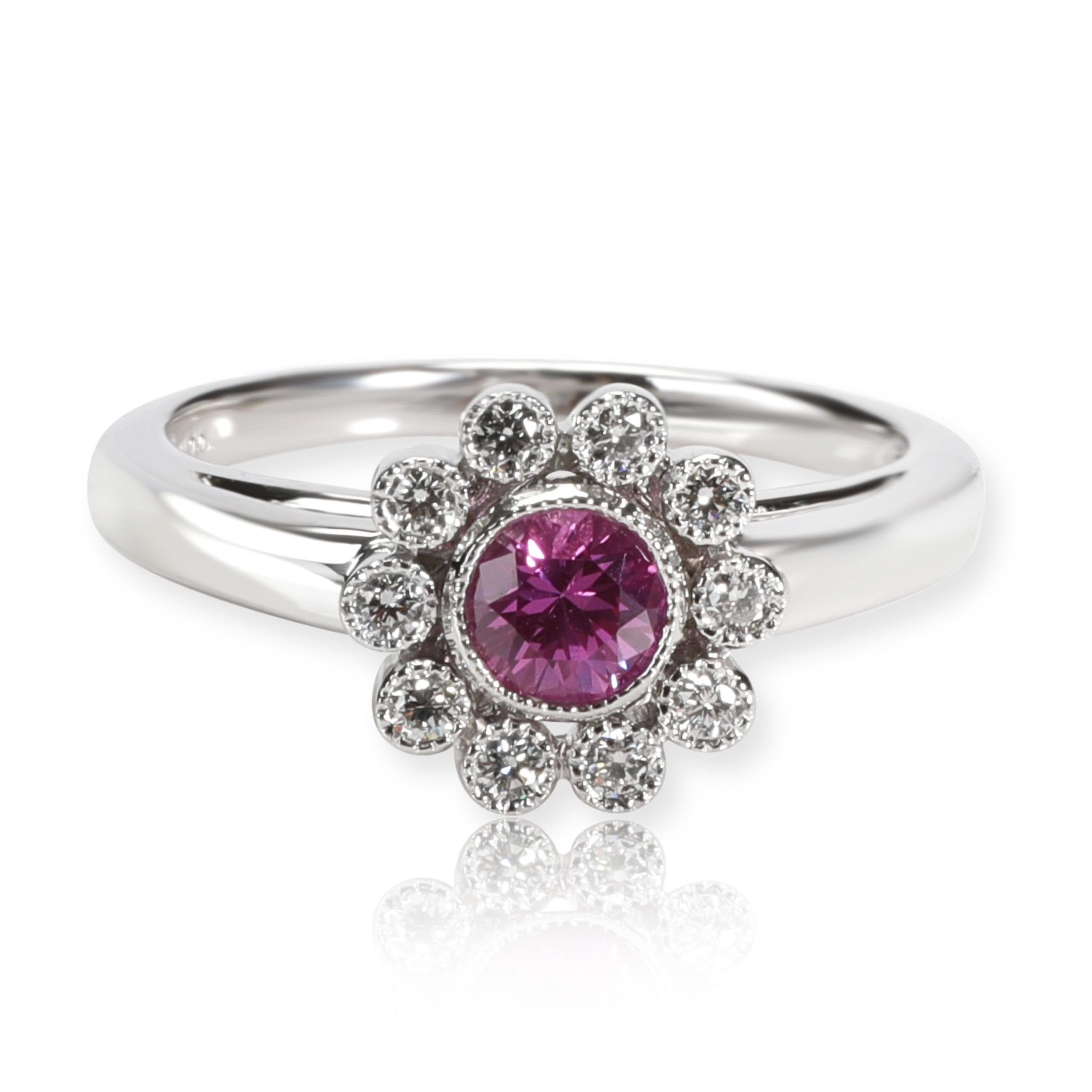 image of Tiffany Co Tiffany & Co. Pink Sapphire Diamond Flower Ring In Platinum 0.10 Ctw in Silver, Women's
