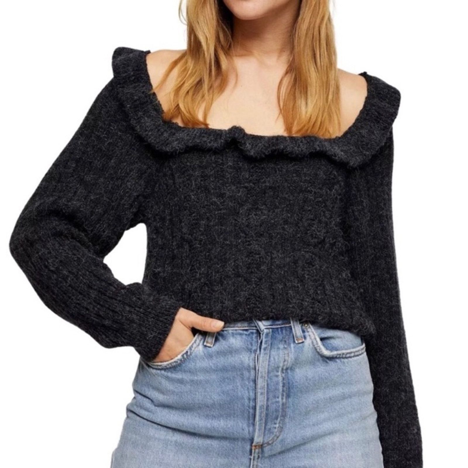 Topshop Topshop Cable Knit Open Back Ruffle Square Neck Gray Sweater Size XL / US 12-14 / IT 48-50 - 1 Thumbnail