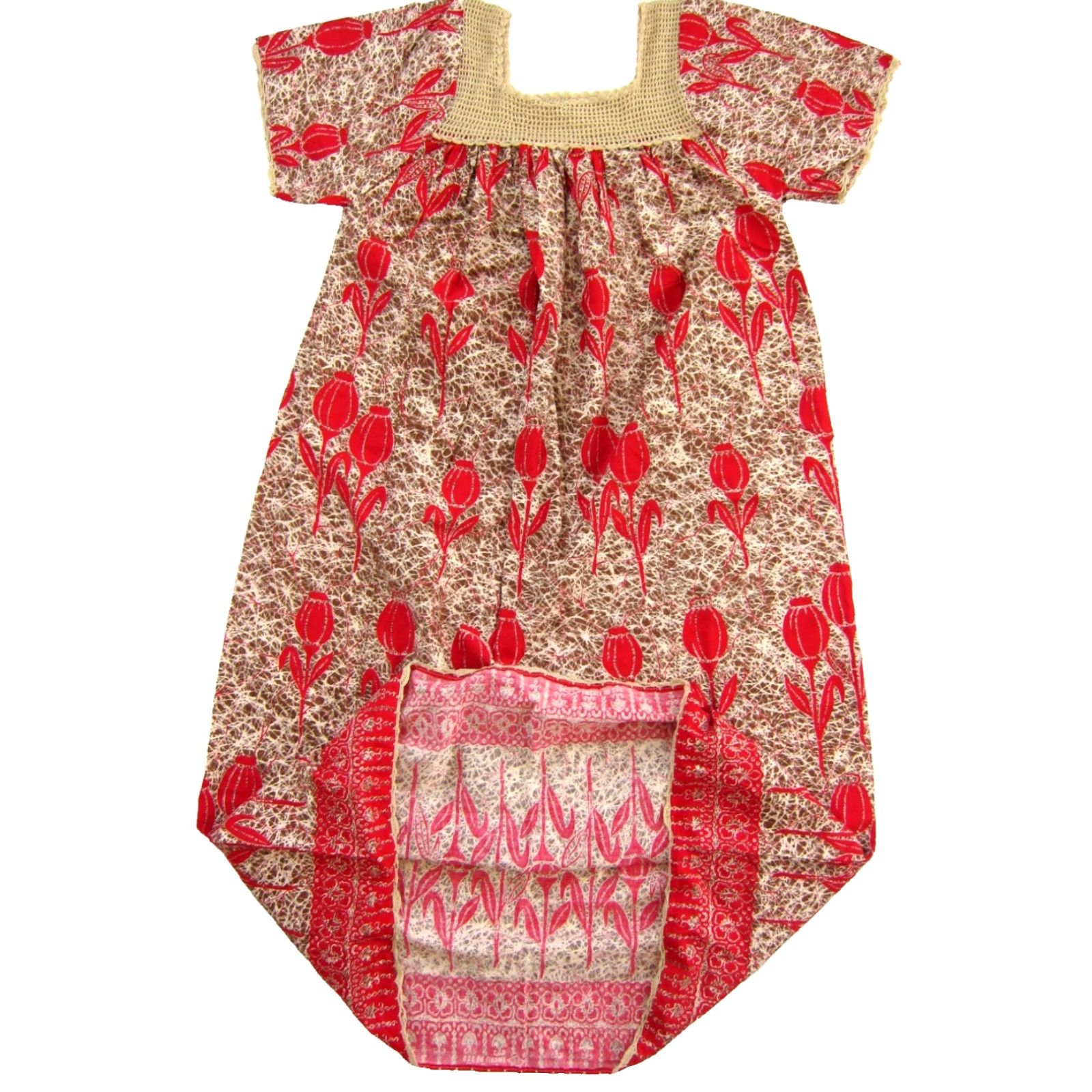 Vintage VTG Handmade Red Brown Floral Cotton Crochet Short Sleeve Maxi Kaftan Dress M Size 32" / US 10 / IT 46 - 4 Thumbnail