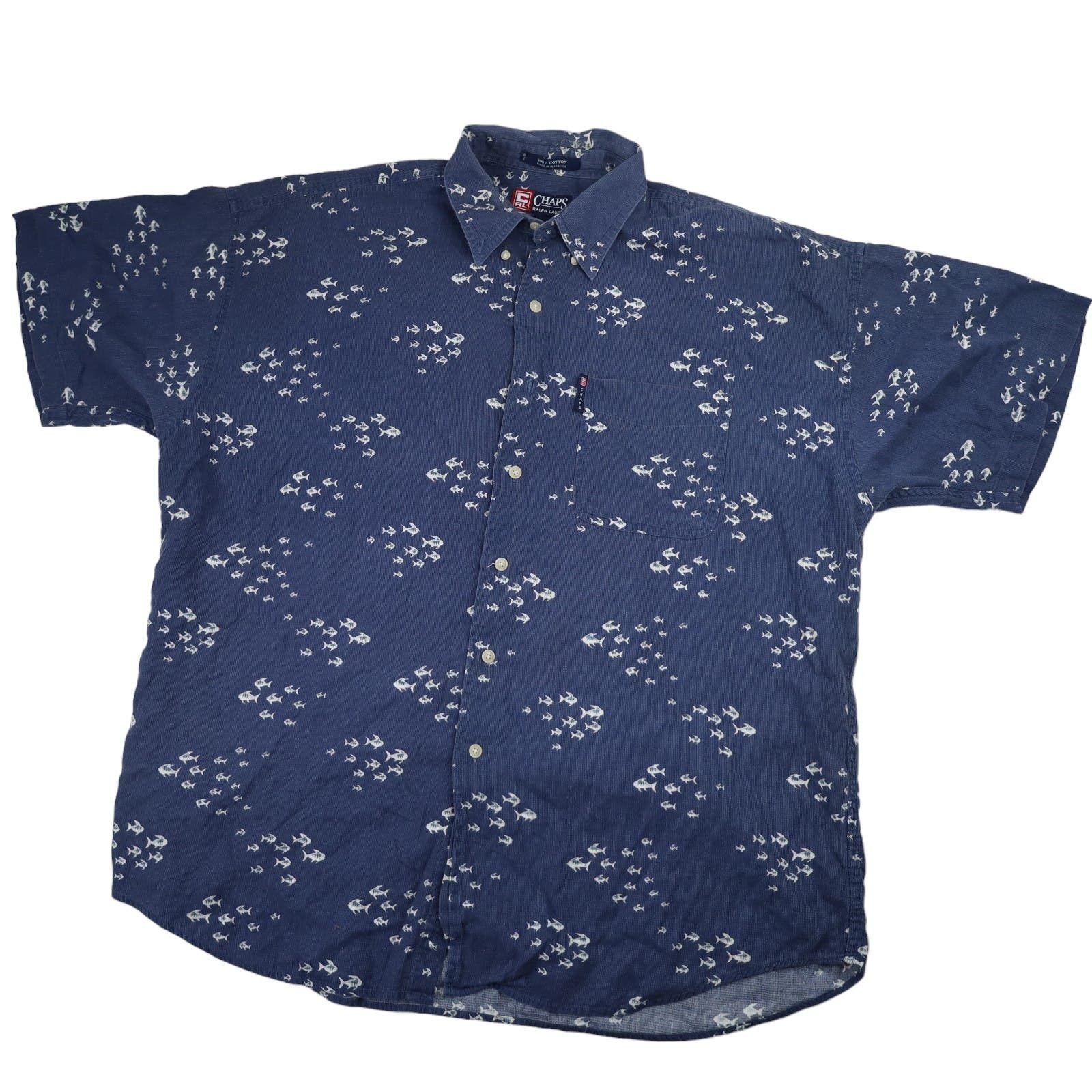 Chaps Ralph Lauren Hawaiian Shirt Men L Button Up Blue VTG Fish