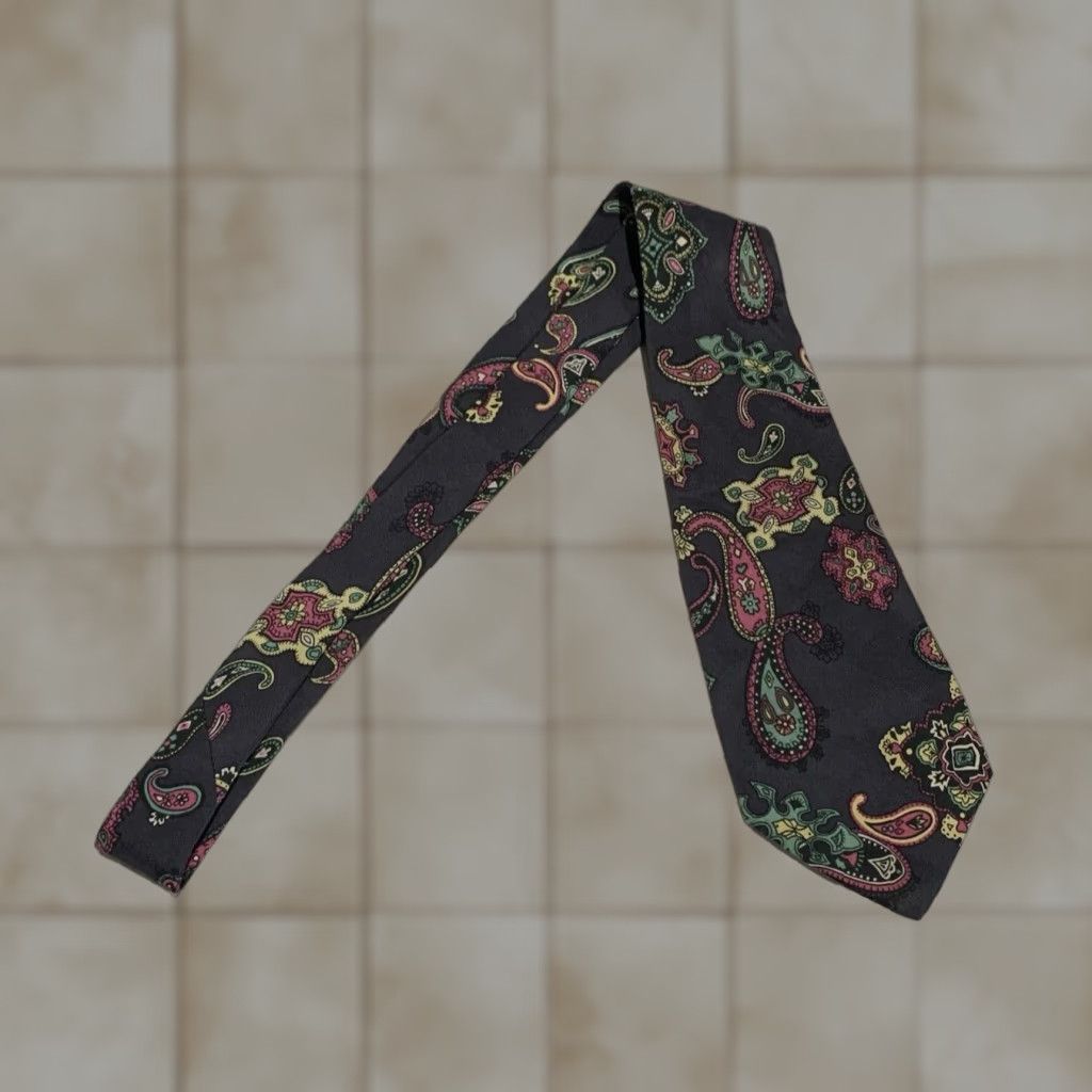 Vintage Vintage Men’s Silk Tie Anne Pinkerton Black Cream Pastel Paisley Geometric Retro 1980s Size ONE SIZE - 1 Thumbnail