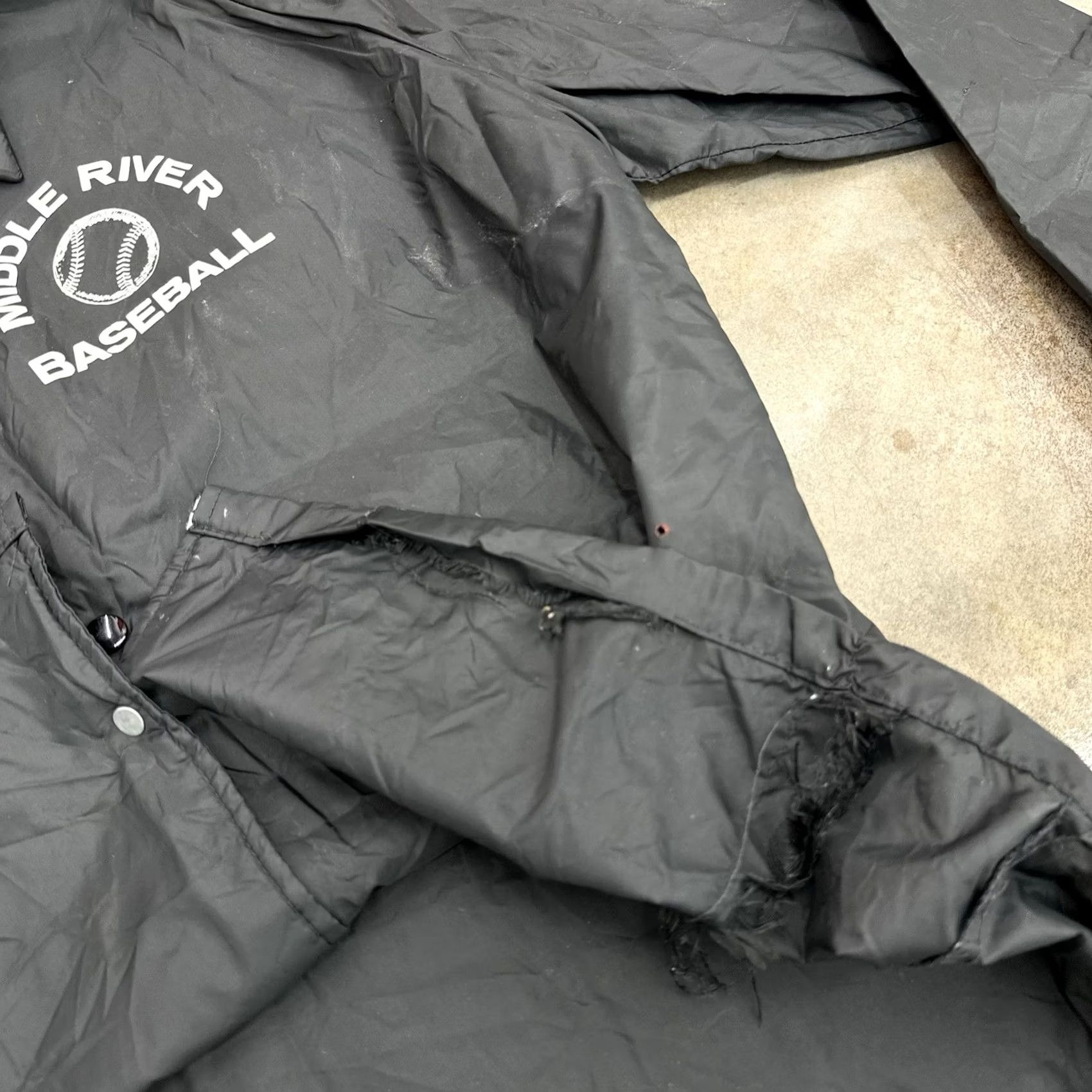 Vintage VINTAGE American Living Nylon Distressed Jacket Baseball L Black 70s Chain Stitched John Middle River Casual Mens Woman? Size US L / EU 52-54 / 3 - 7 Thumbnail