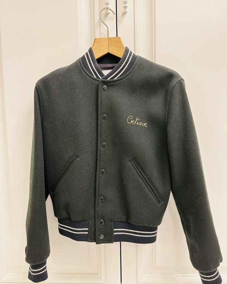 image of Celine Teddy Wool Logo Detail Bomber Jacket in Green, Men's (Size XS)