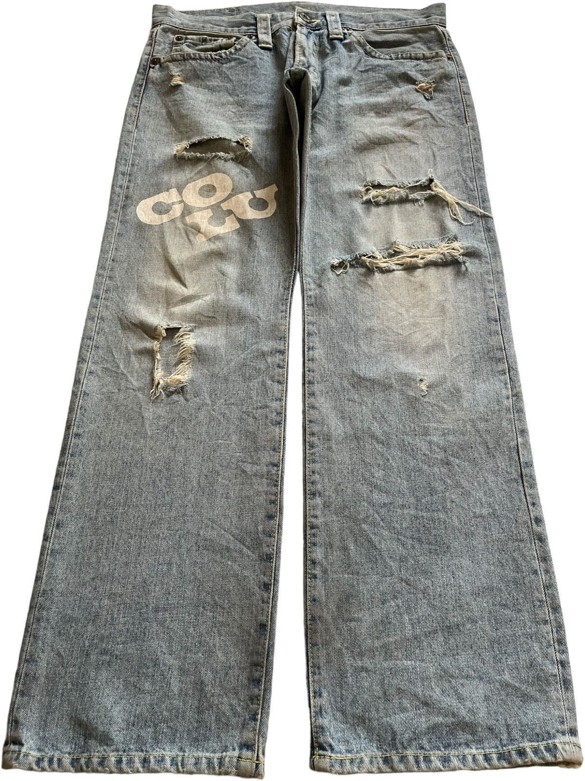 Japanese Brand Vintage Japanese CocoLulu Light Wash Rip Printed Baggy Jeans Size US 35 - 1 Thumbnail
