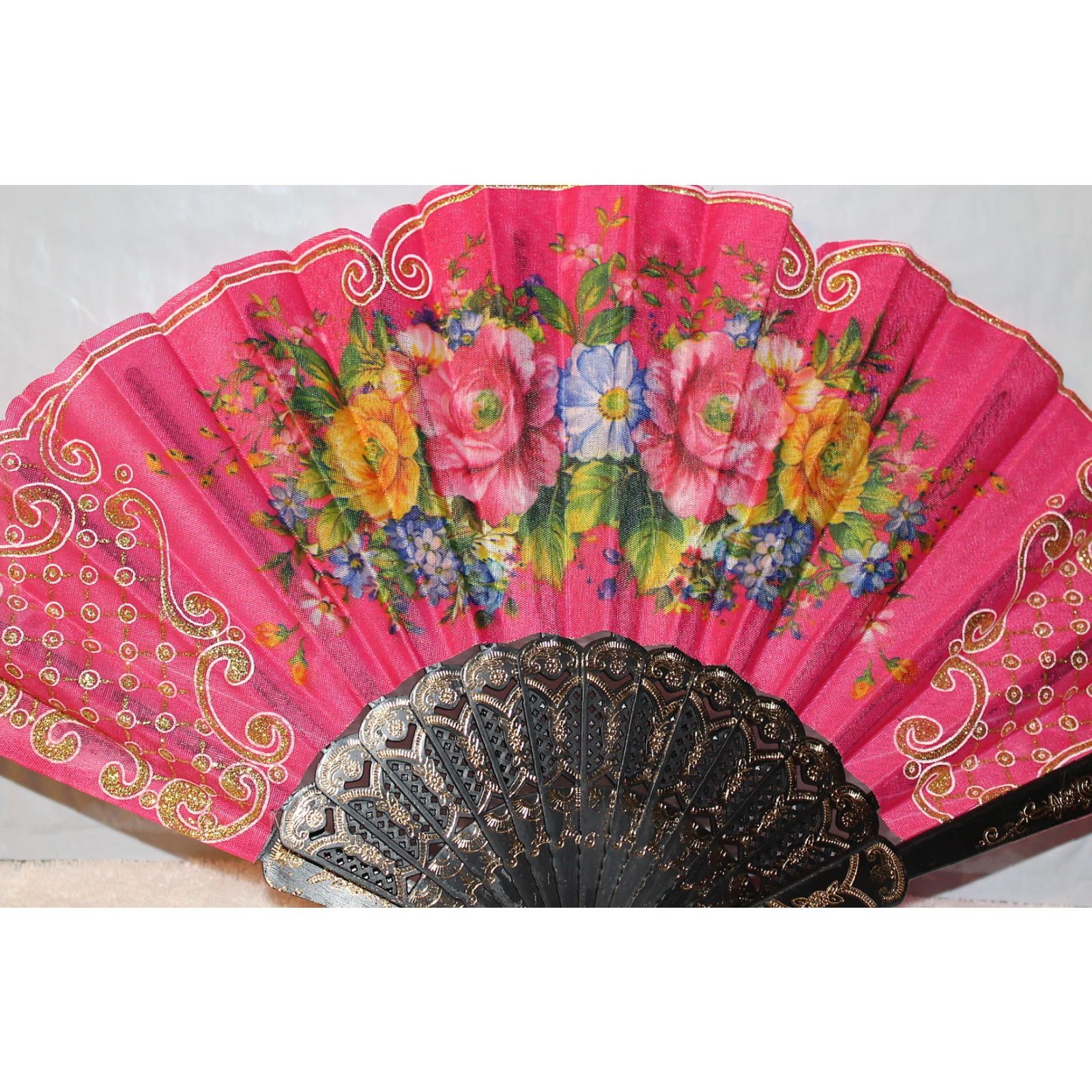 Pinko Vintage Hand Fan Pink Flowers Small 16 Inch Decor Gift Size ONE SIZE - 2 Thumbnail