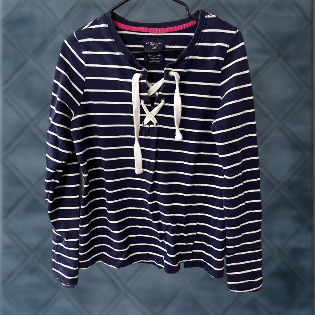 Vintage Women’s U.S. Polo Assn Vintage Sweatshirt Size Large Navy Striped Drawstring Size L / US 10 / IT 46 - 1 Thumbnail