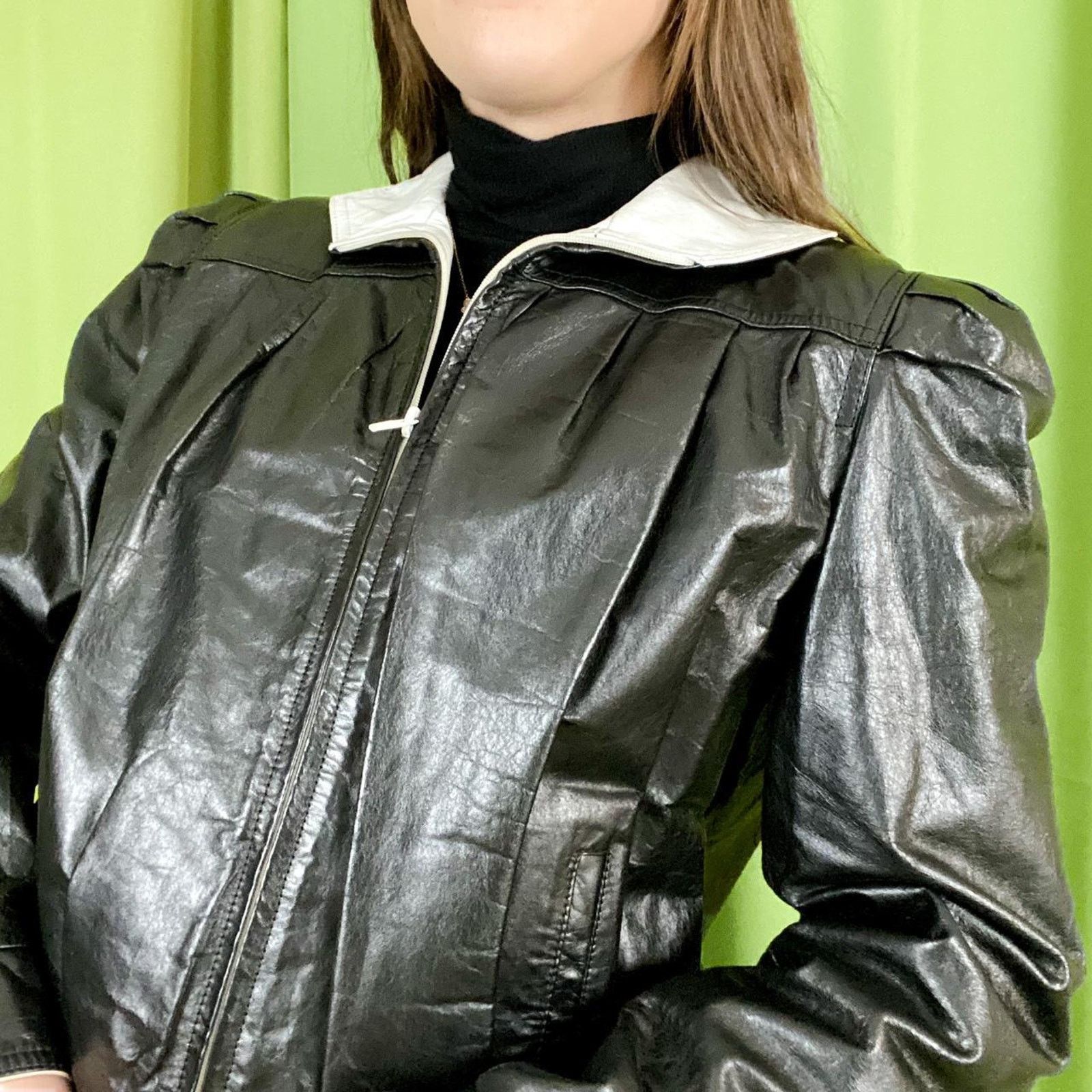 Vintage 80s Vintage Black White Genuine Leather Bomber Jacket Size S / US 4 / IT 40 - 2 Thumbnail