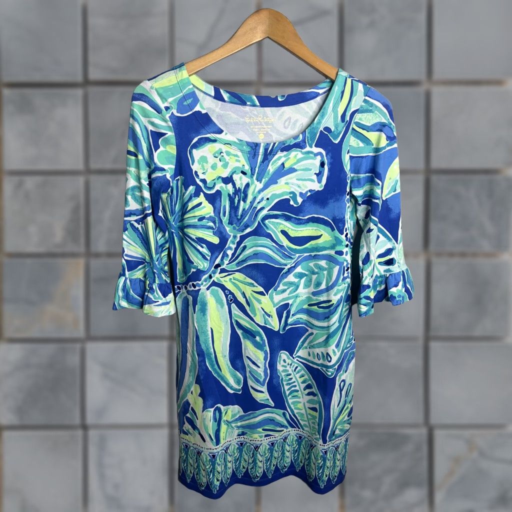 Lilly Pulitzer VINTAGE Lilly Pulitzer Dress Womens XS Blue Floral Knit 3/4 Sleeve Ruffle Size XS / US 0-2 / IT 36-38 - 1 Thumbnail