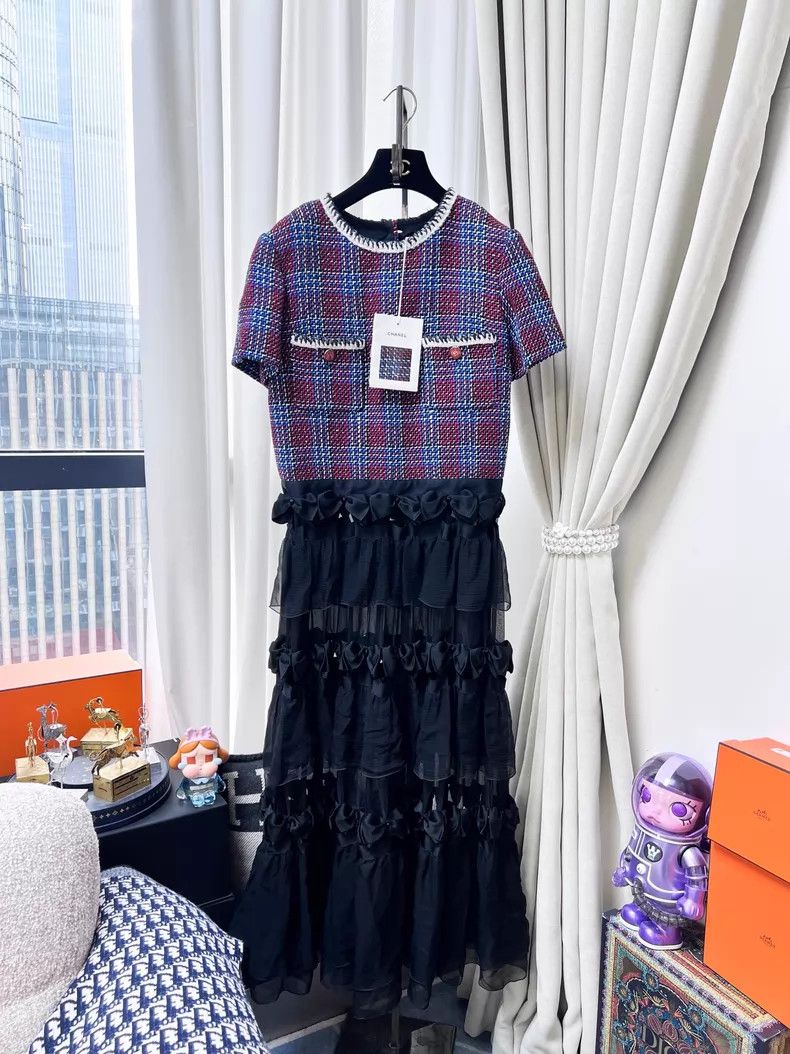 Chanel Chanel Plaid short-sleeved stitching bow mulberry silk dre Size S / US 4 / IT 40 - 1 Thumbnail