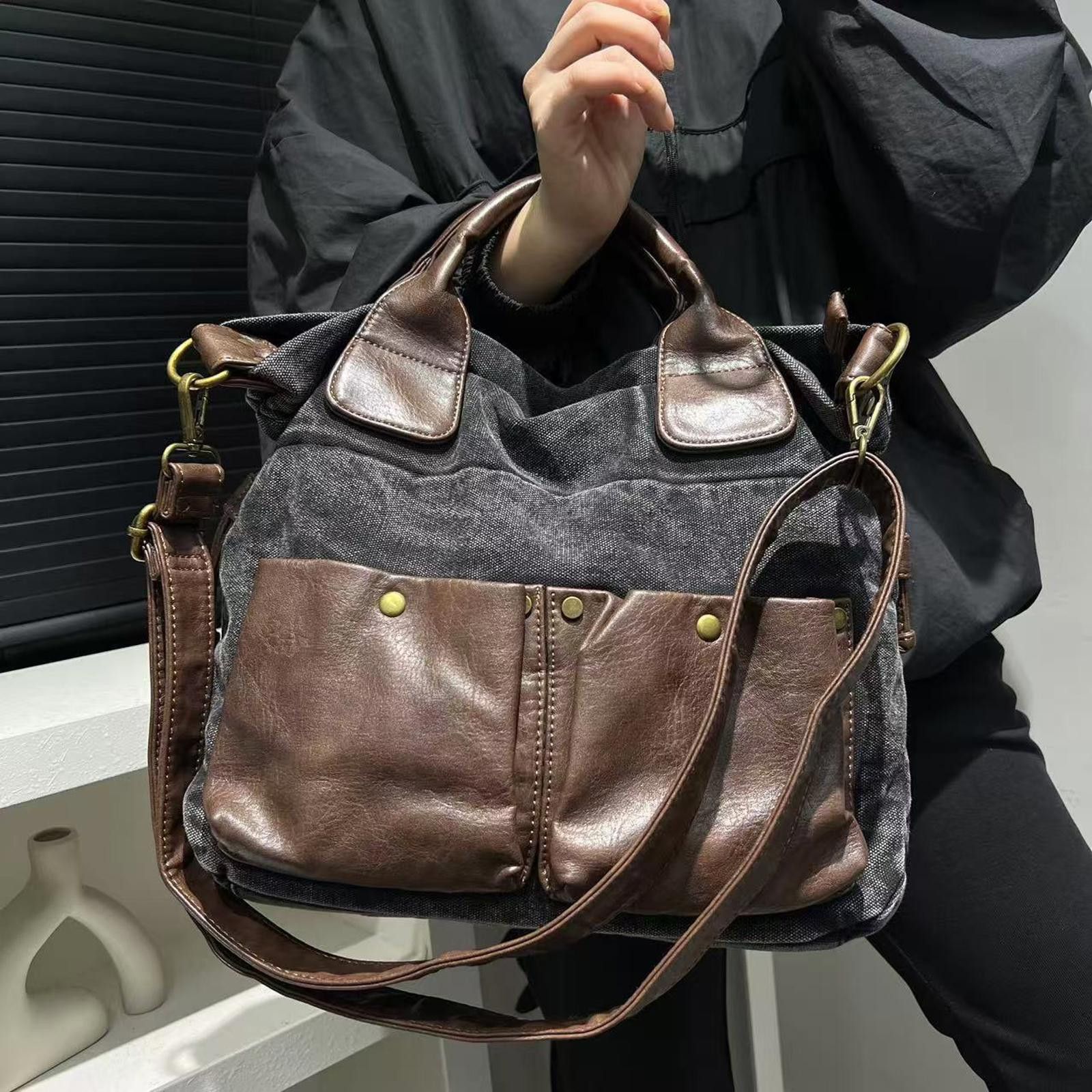 Vintage Gray Canvas Leather Pocket Handbag, Shoulder Bag Size ONE SIZE - 6 Thumbnail