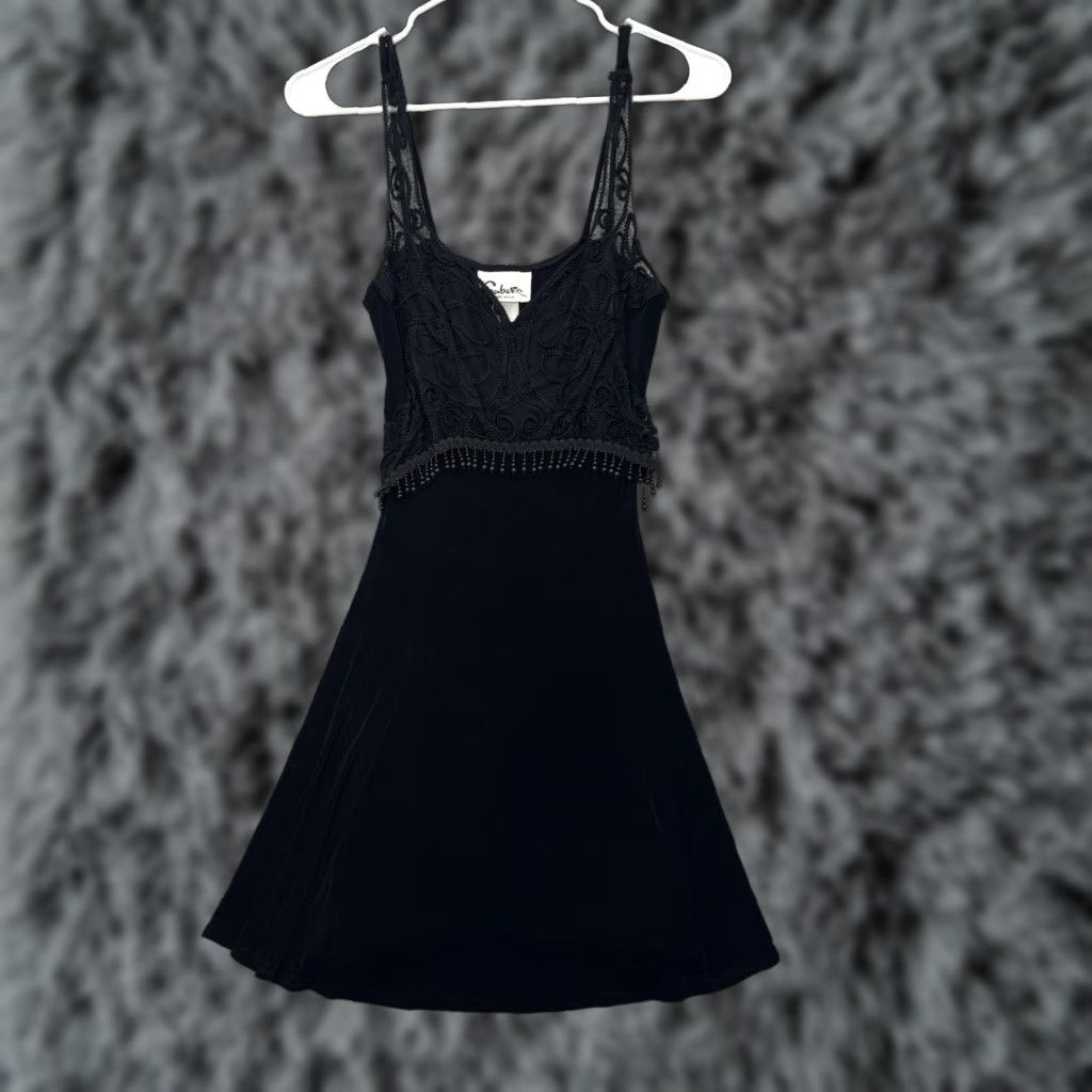 Vintage Vintage Sabora Slip Dress L Black 90s Y2K Beaded Lace Whimsigoth Gothic Glam Cocktail Size L / US 10 / IT 46 - 1 Thumbnail