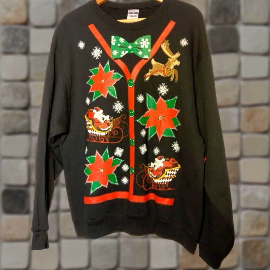 Jerzees VINTAGE Jerzees Ugly Christmas Sweatshirt L Black Crew Neck Santa Reindeer Poinsettia Winter Womens Size L / US 10 / IT 46 - 1 Thumbnail