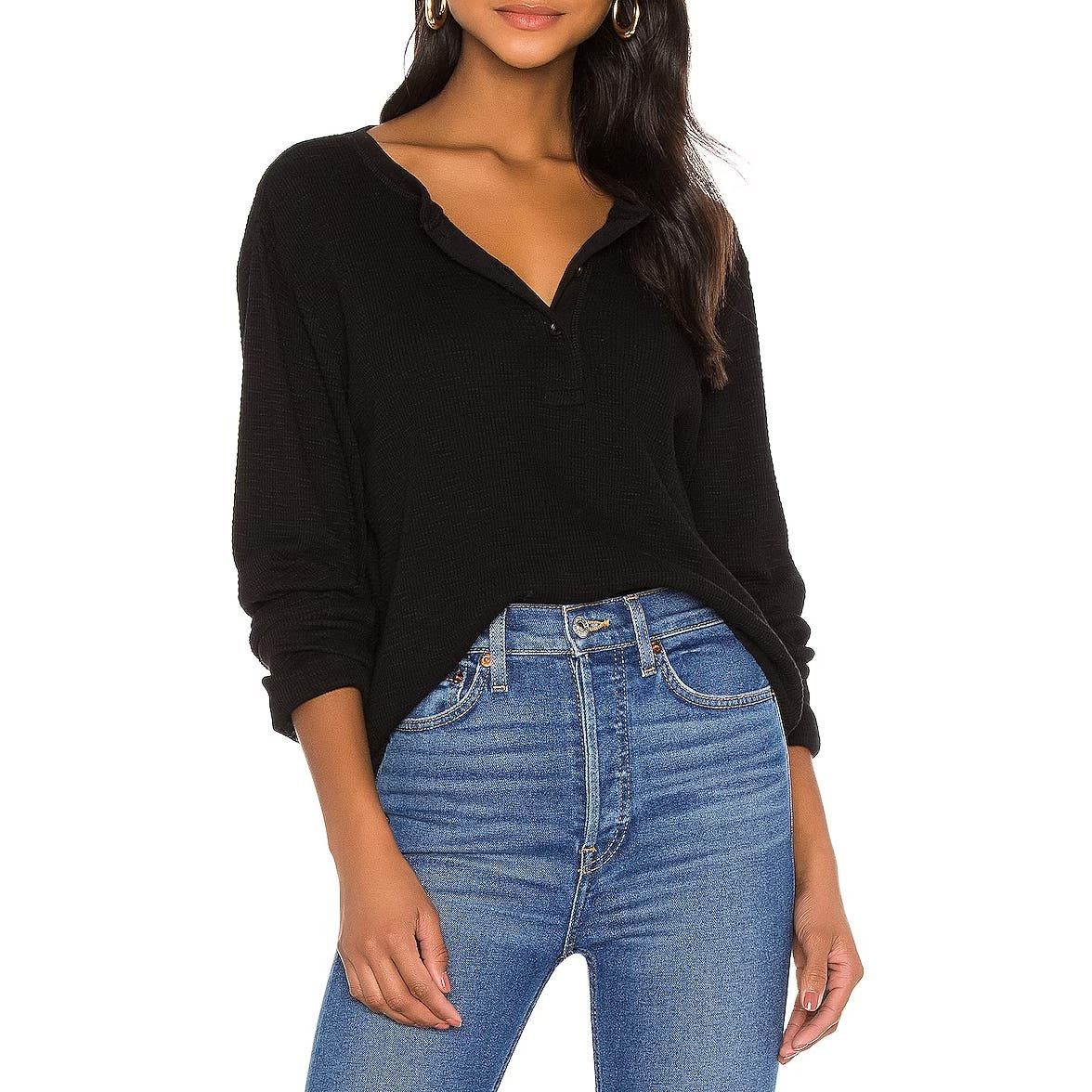 image of Redone Re/done Hanes Long Sleeve Henley Tee in Black, Women's (Size Small)