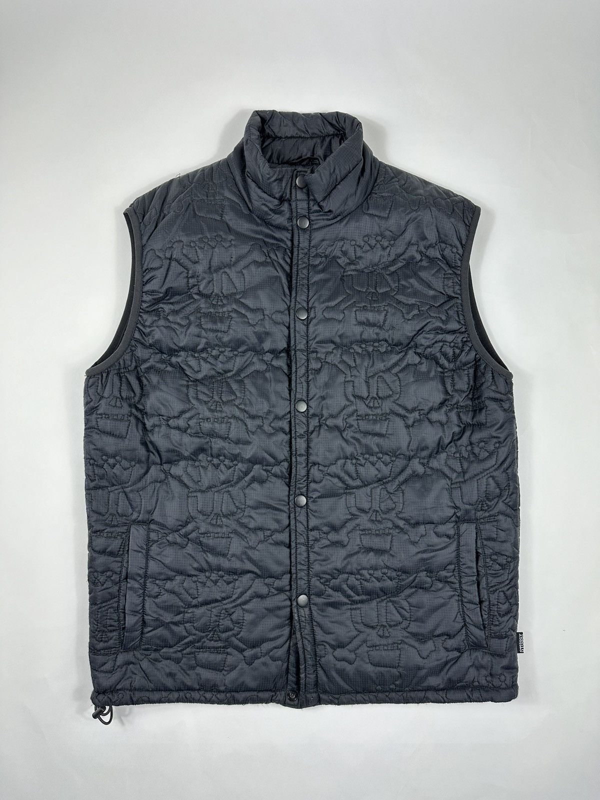 image of Vintage 90’S Stussy Skull Quilted Thermolite Ripstop Vest M in Black, Men's (Size Medium)