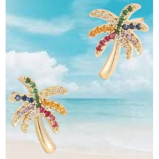 Handmade Palm Tree Earrings Rhinestones Posts 0. 25 in L New Cruise I Size ONE SIZE - 2 Thumbnail