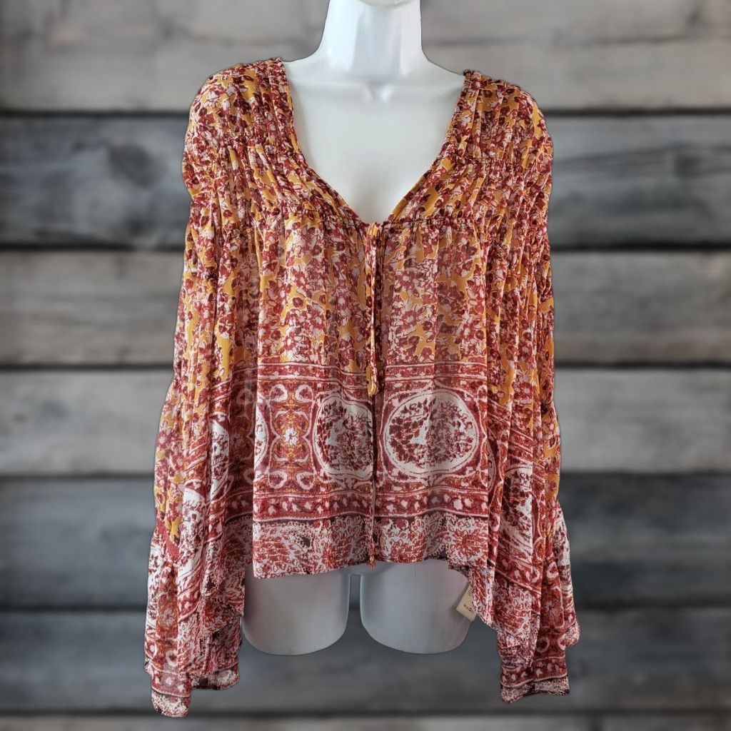 Free People Free People Womens Lorraine Tiered Kimono Top Sz Small Red Floral Shirt Womens Small Red Kimono 90s? Size S / US 4 / IT 40 - 1 Thumbnail