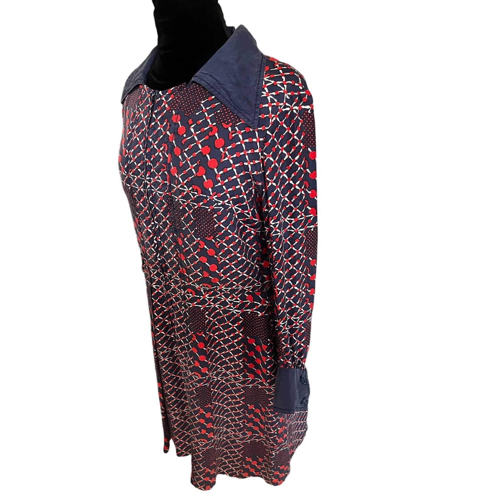 Vintage Vintage 70s Blue Red Geometric Silk Midi Dress Mod Med Large Size M / US 6-8 / IT 42-44 - 5 Thumbnail