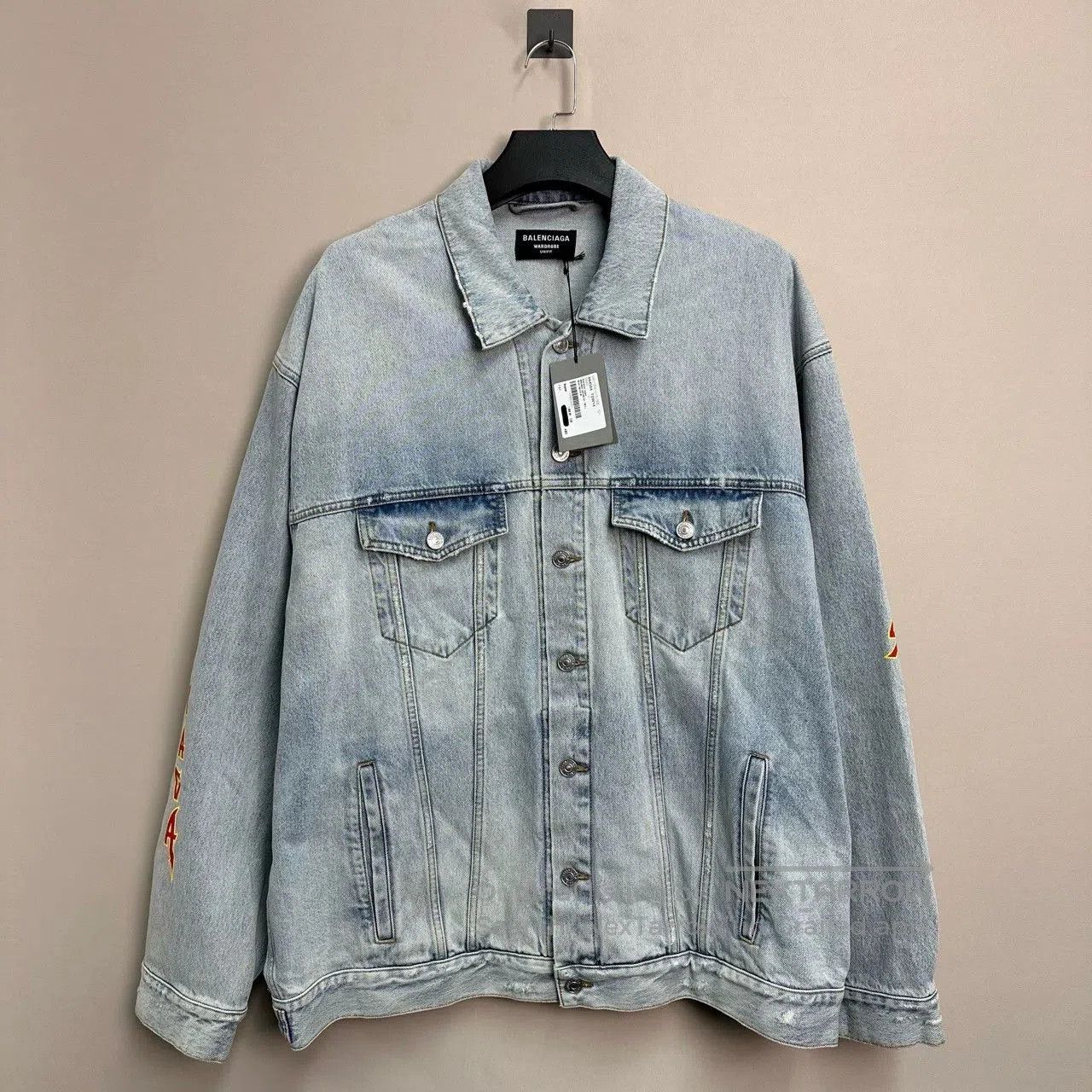 Balenciaga Denim Jacket with Flame Logo.