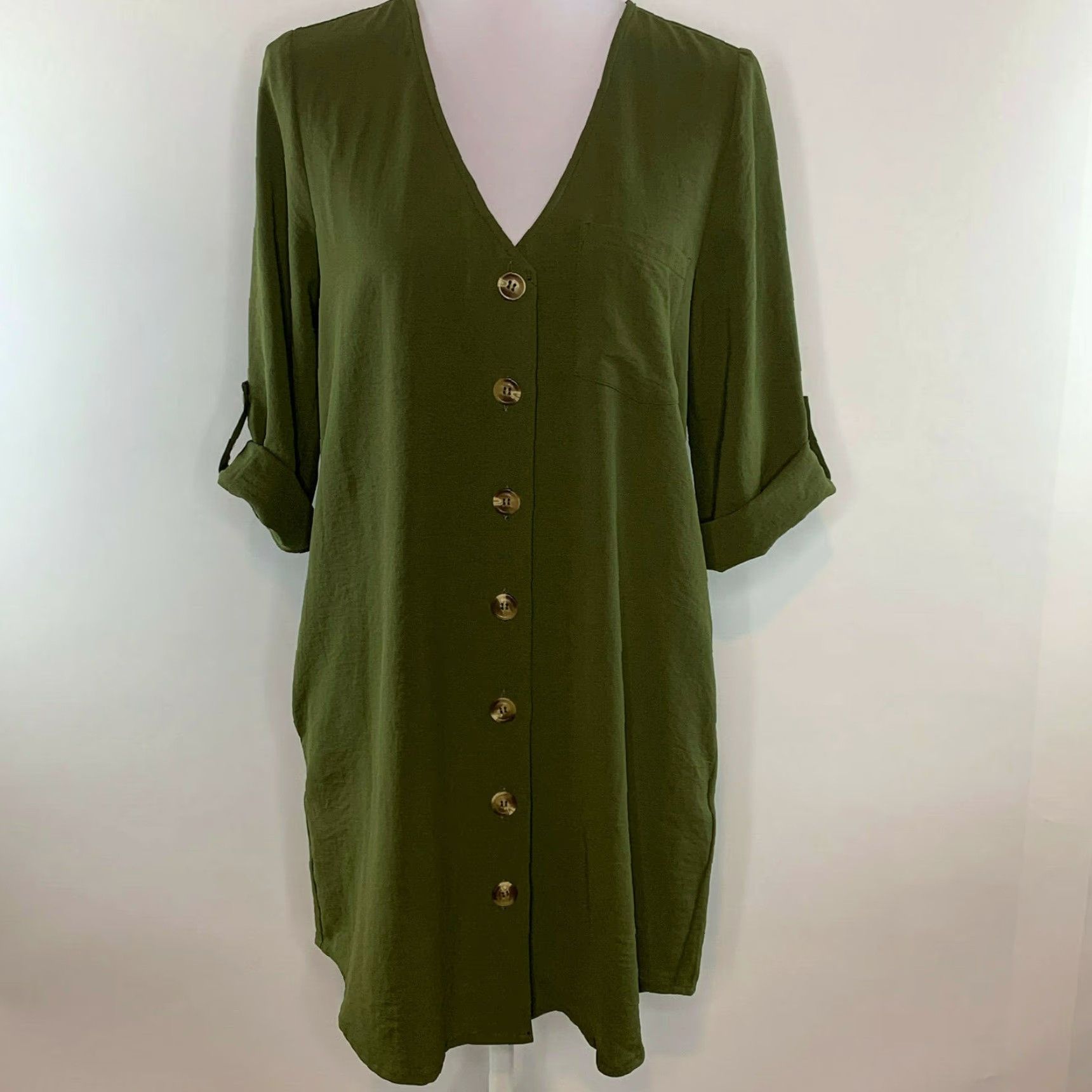 Olive Entro Womens S Tunic Top Button-Up 3/4 Sleeve Olive Green Blouse Dress Size S / US 4 / IT 40 - 7 Thumbnail