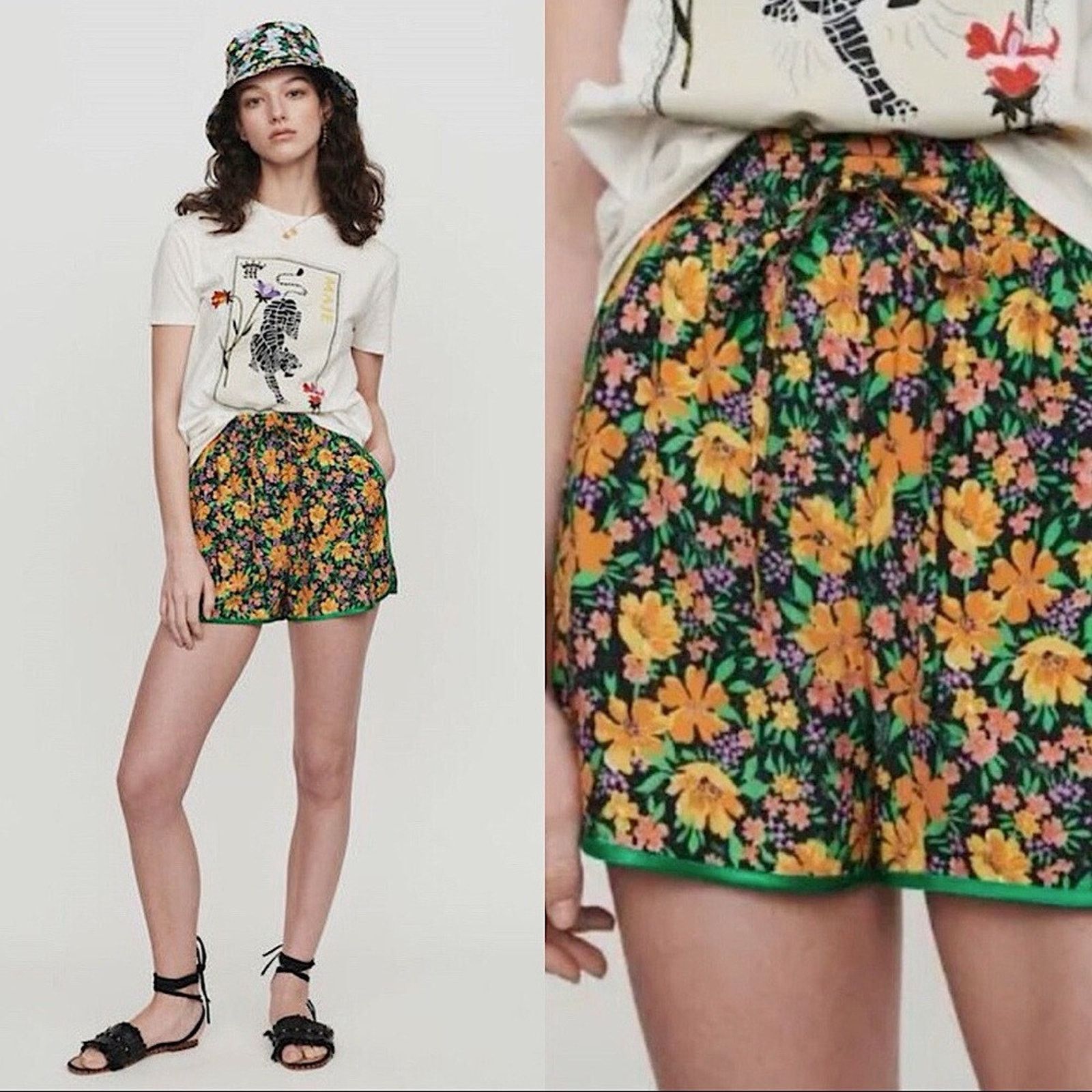 Maje MAJE Ikael Piped Floral Shorts Satin Piping Pockets 36 Small Size 25" / US 0 / IT 36 - 1 Thumbnail