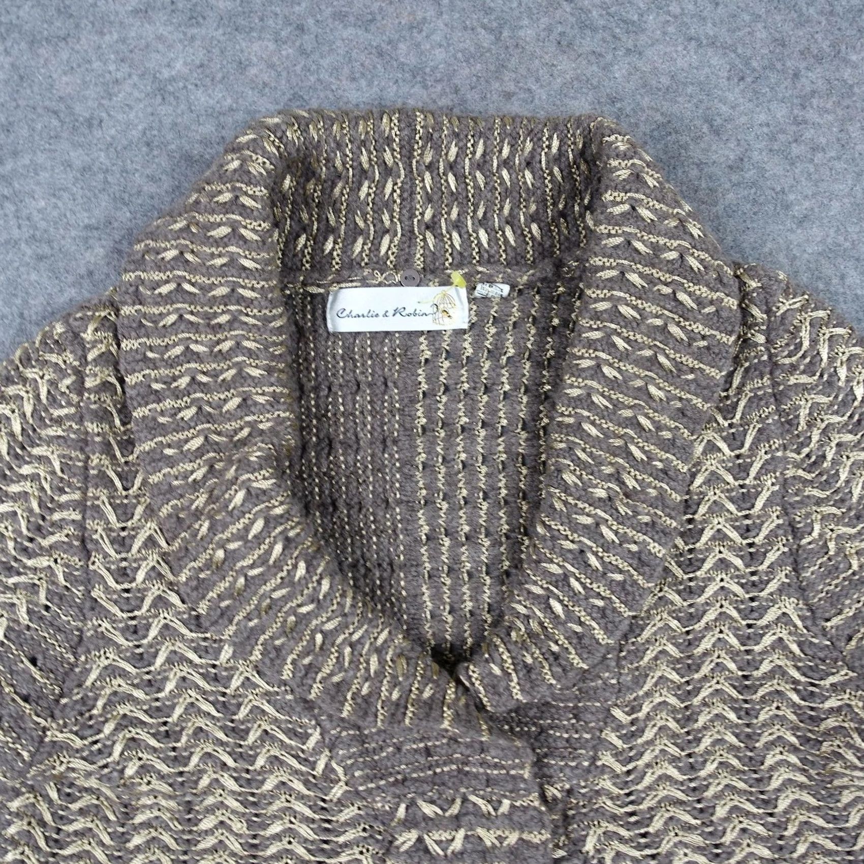 Anthropologie Charlie & Robin Sweater Womens M Brown Knit Cardigan Y2K VTG Open Collar Long Sleeve Casual Winter Fall Knit Pattern Herringbone Buttons Size M / US 6-8 / IT 42-44 - 2 Thumbnail