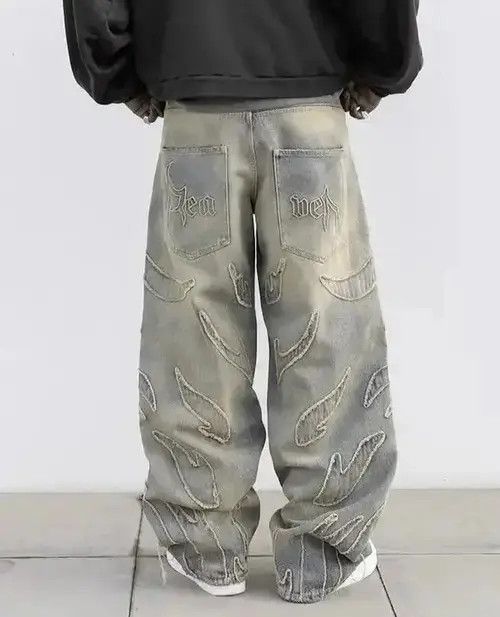Designer × Japanese Brand × Jean Retro Raw Edge Embroidery Baggy Jeans Size US 32 / EU 48 - 4 Thumbnail