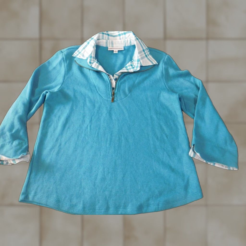 Vintage Rebecca Malone Womens Top Small Blue Stretch Zip Blouse pullover lined collar Size S / US 4 / IT 40 - 1 Thumbnail
