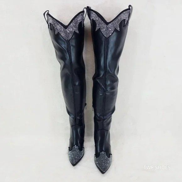 Other Country Western Sexy Black OTK Thigh Boots Rhinestone Trims Size US 11 / IT 41 - 1 Thumbnail