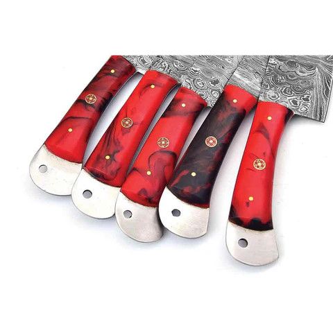 Other Damascus Kitchen Knife Set of 5 with Resin Red Handles Size ONE SIZE - 3 Thumbnail