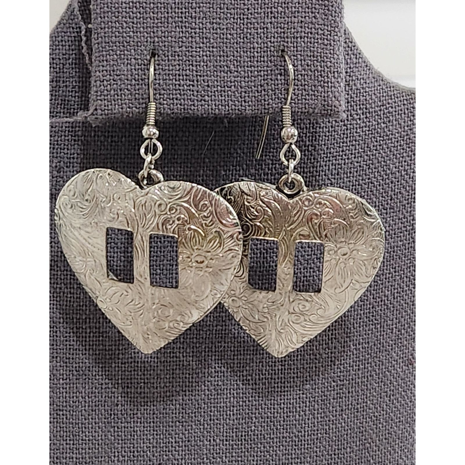Other Silver Engraved Heart Dangle Earrings Fish Hook Back Size ONE SIZE - 1 Thumbnail
