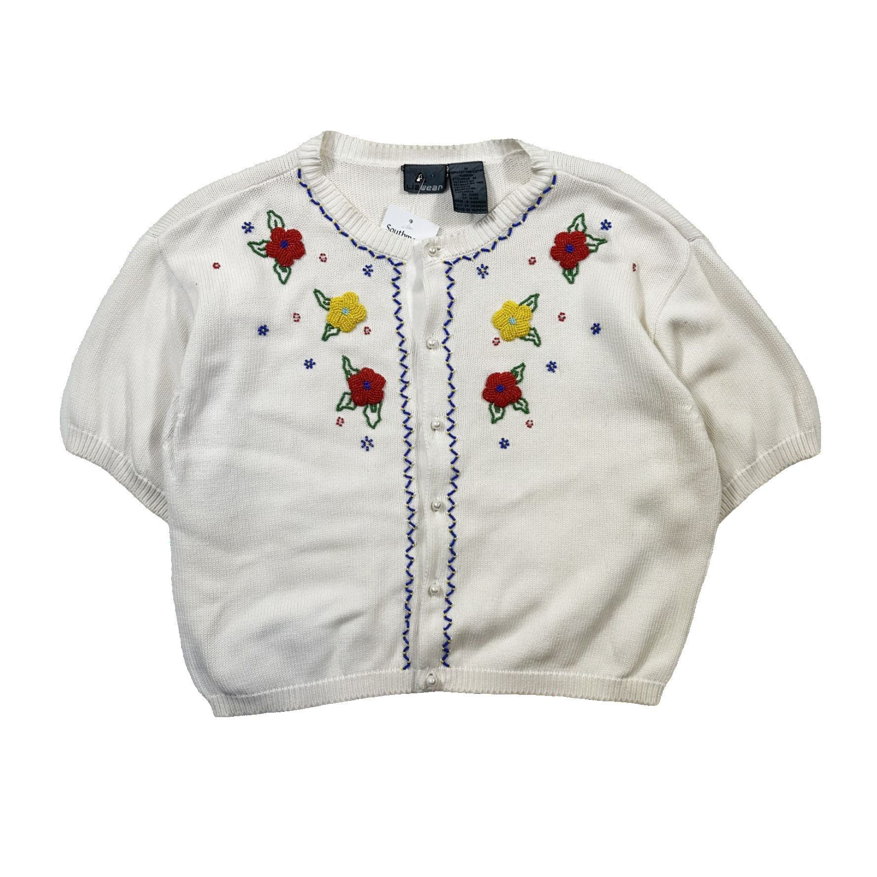 Vintage Vintage 90s Liz Wear Beaded Floral Button Up Knit Sweater Size S / US 4 / IT 40 - 1 Thumbnail