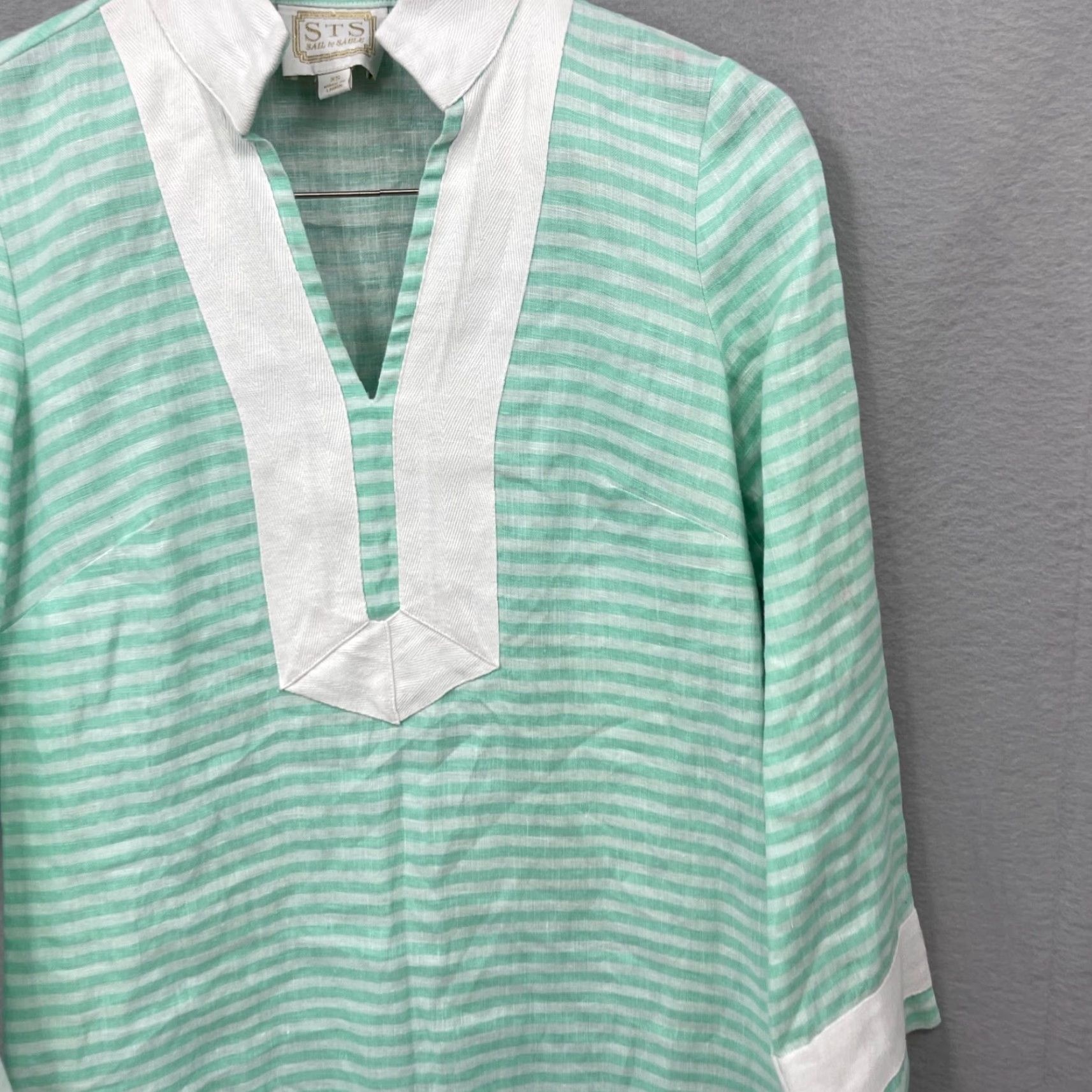 Vintage Sail to Sable Women’s Linen Dress XS Green White Stripe V-Neck Mini Casual Preppy 2020s Size XS / US 0-2 / IT 36-38 - 7 Thumbnail