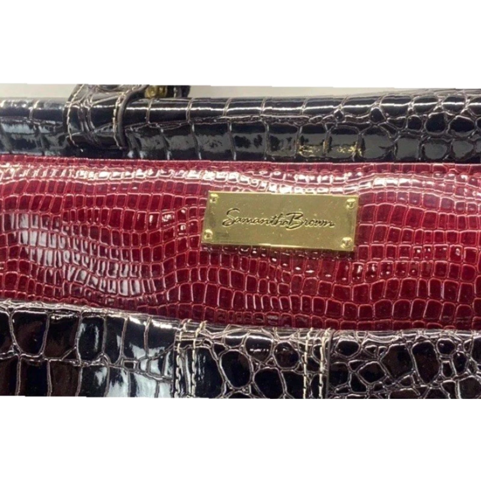 Vintage Women Samantha Brown Crocodile Embossed Burgundy/Black Purse Midi HandBag Strap Tote Medium Red Lining Hardware Faux Leather Womens Size ONE SIZE - 4 Thumbnail