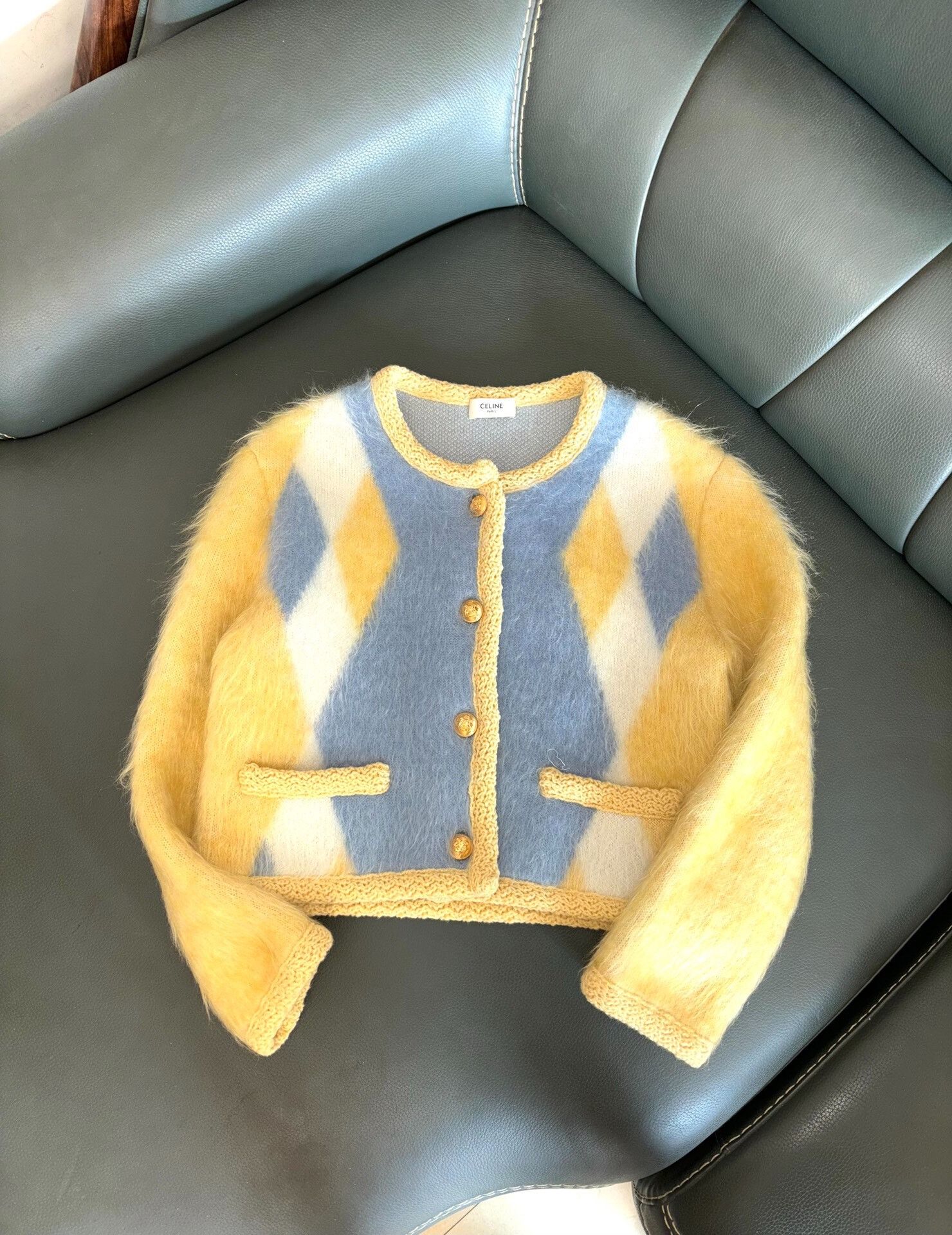 celine 2022ss yellow cardigan with diamonds