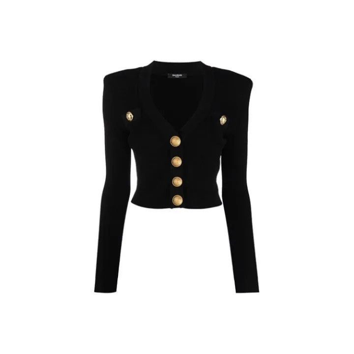 Balmain Balmain Black Buttoned Crop Knit Sweater -2507 Size S / US 4 / IT 40 - 1 Thumbnail