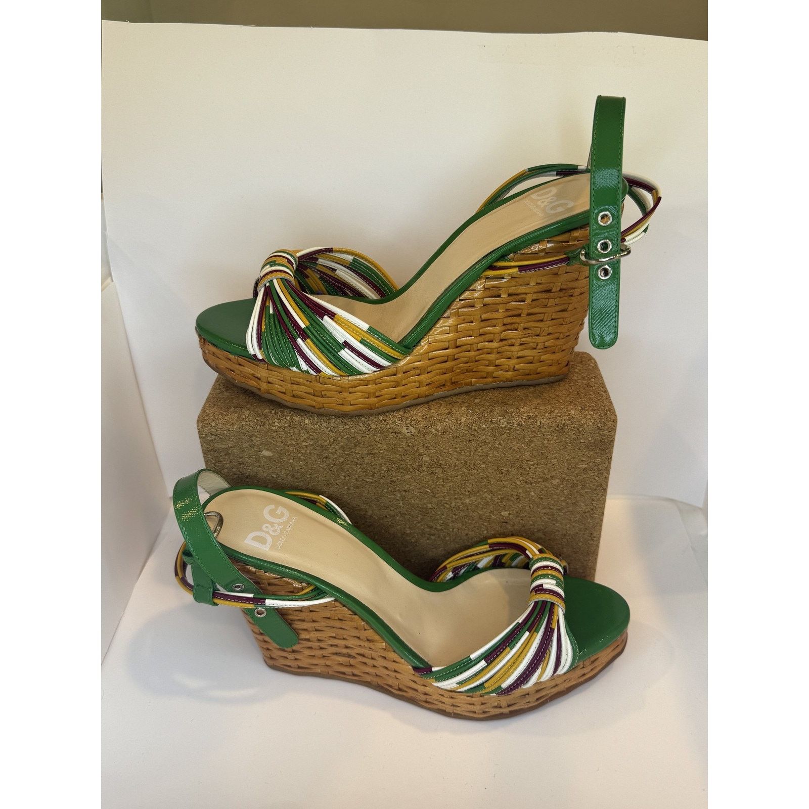 Dolce & Gabbana Dolce & Gabbana Shoes Green Wedge Sandals Raffia Multicolor Size US 8.5 / IT 38.5 - 2 Thumbnail