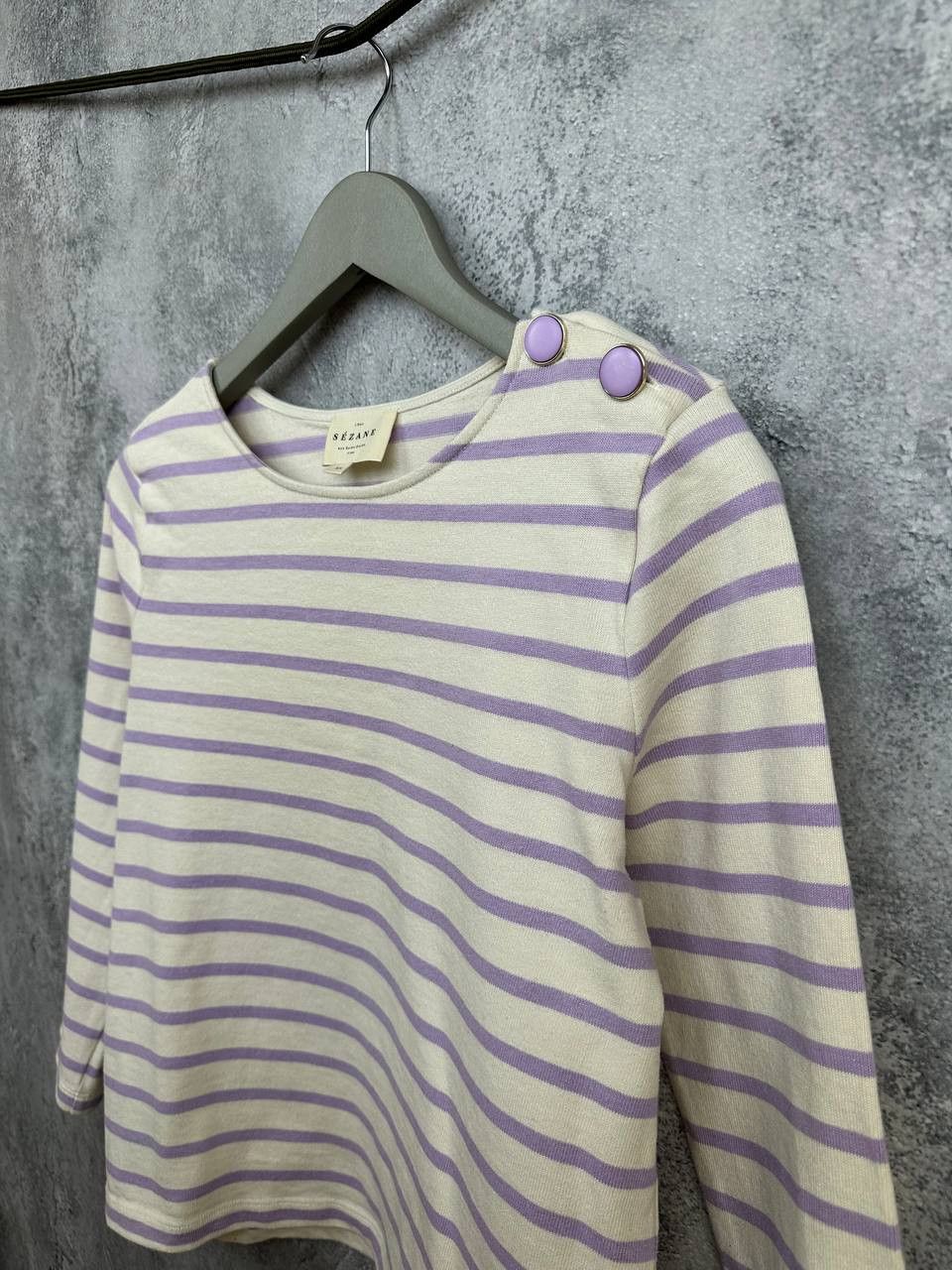 Sezane Sezane Colette Mariniere Ecru / Lilac Organic Cotton T-Shirt Size XS / US 0-2 / IT 36-38 - 6 Thumbnail