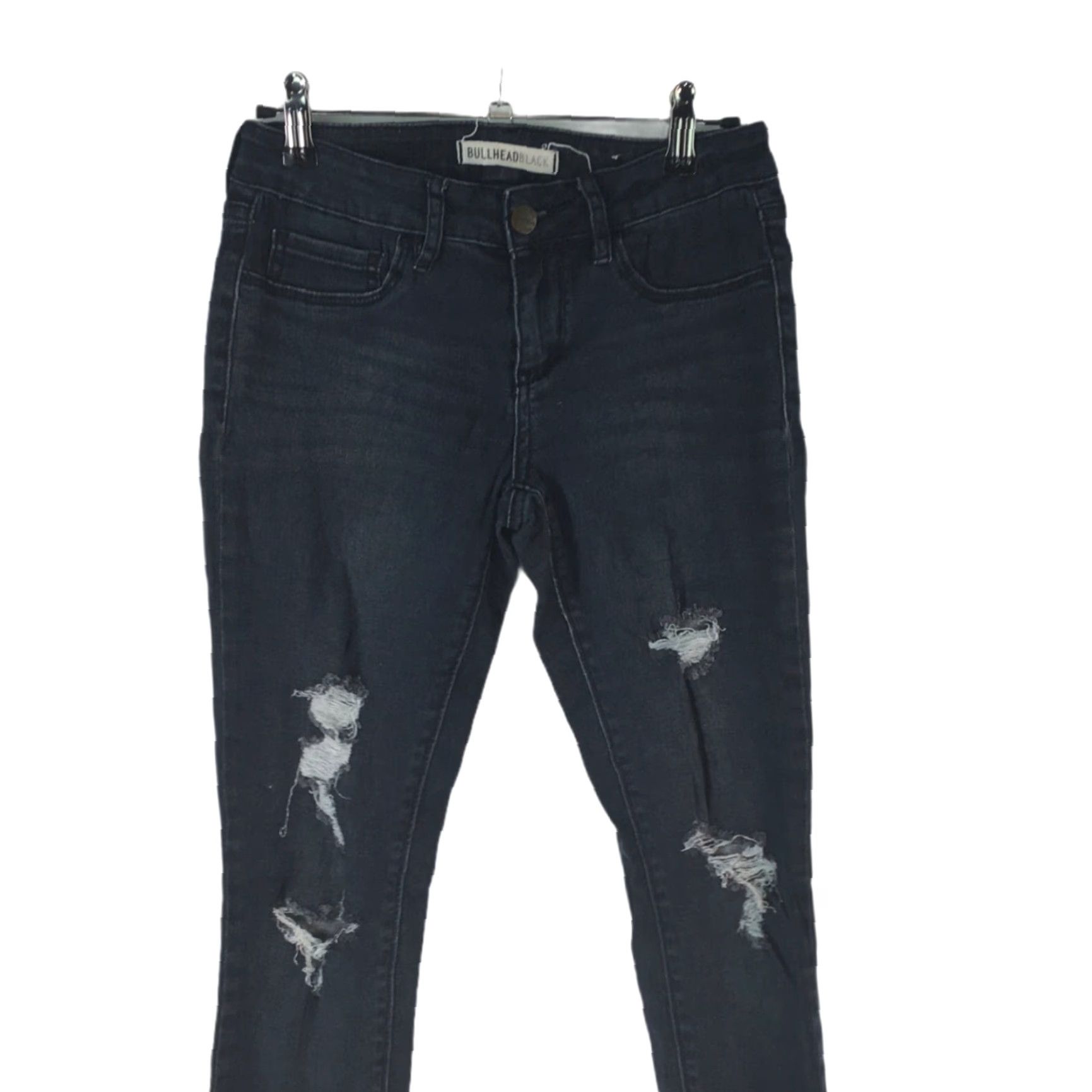 Denime Bullhead Jeans Womens Size 5 Skinny Distressed Black Denim Dark Wash 29in 5-Pocket Stretch Belt Loops Size 27" / US 4 / IT 40 - 2 Thumbnail